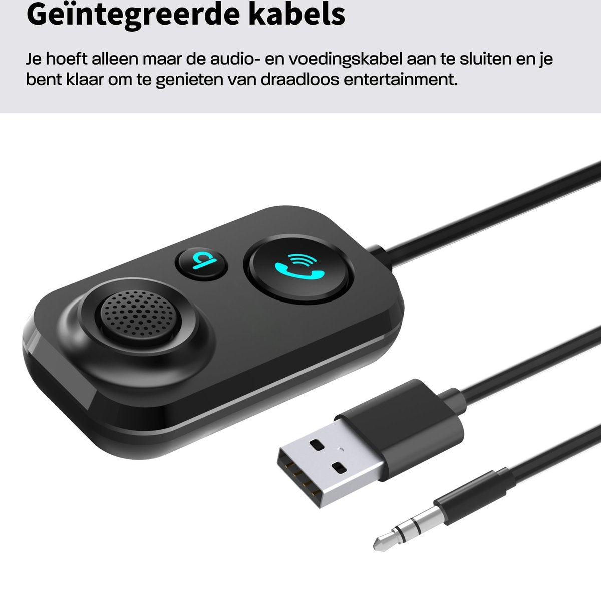 Black device with two buttons, a microphone, and connected cables: USB, audio jack. Text at the top says 'Integrated cables'.