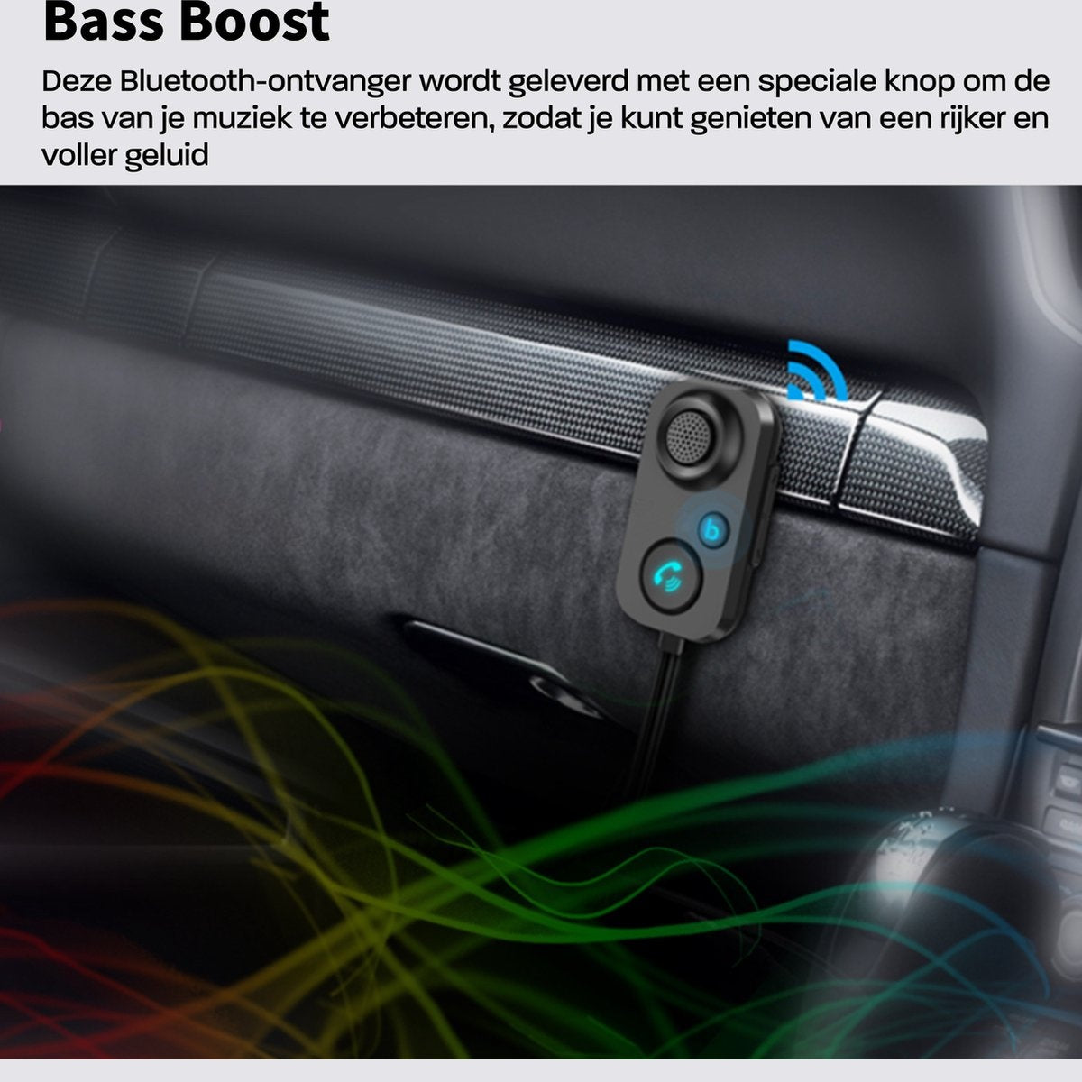 A black Bluetooth receiver with a blue call icon. The image is set in a car's interior with sound wave graphics.