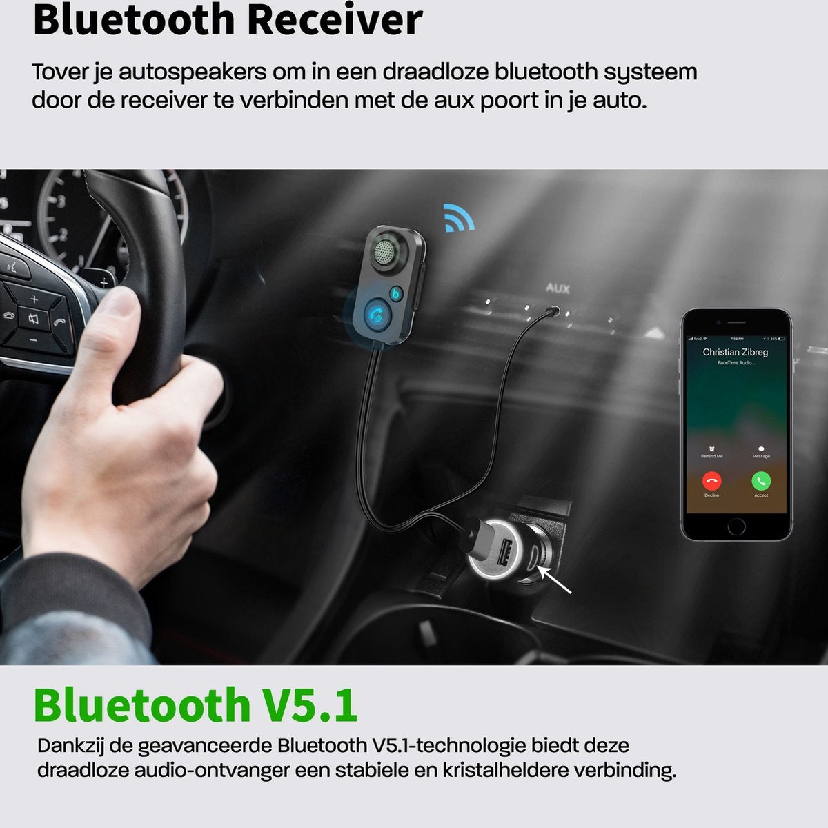 Bluetooth receiver connected to a car's AUX port. A phone shows an incoming call. Hand on steering wheel.