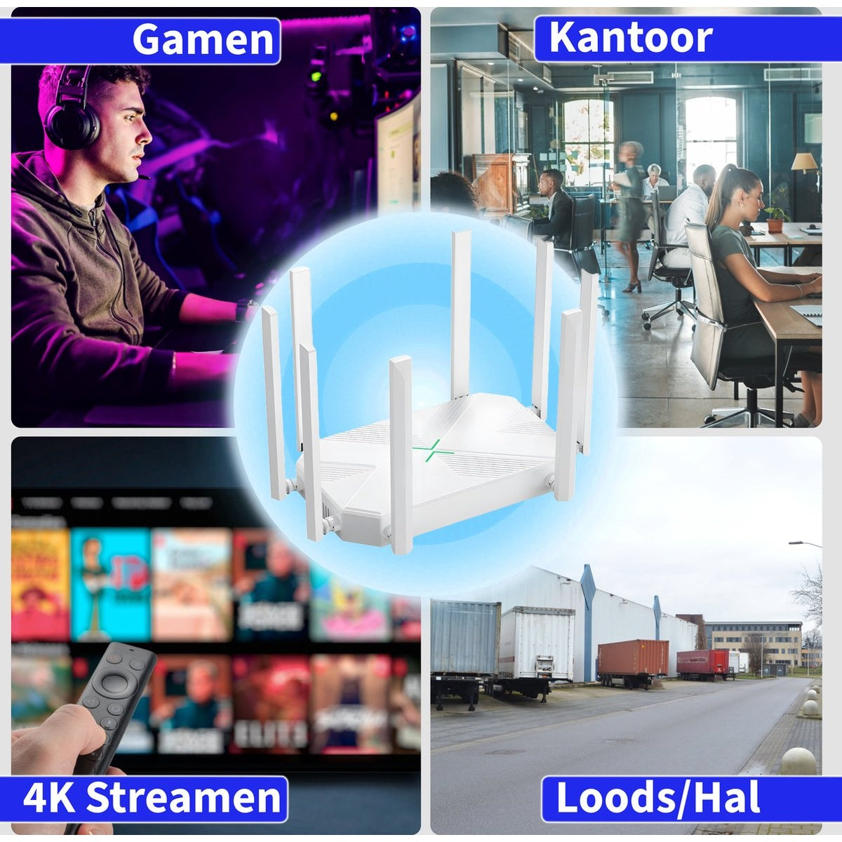 Afbeelding toont gaming-, kantoor-, streaming- en laaddockscènes, allemaal rond een witte router met antennes.