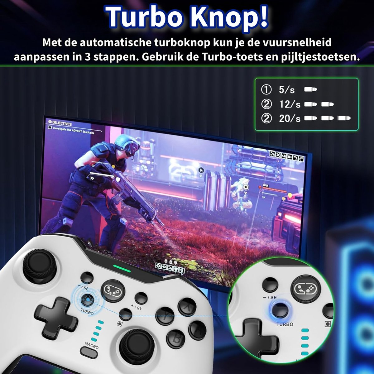 A white game controller with a screen showing a video game. Text says 'Turbo Knop!' and describes turbo functionality.