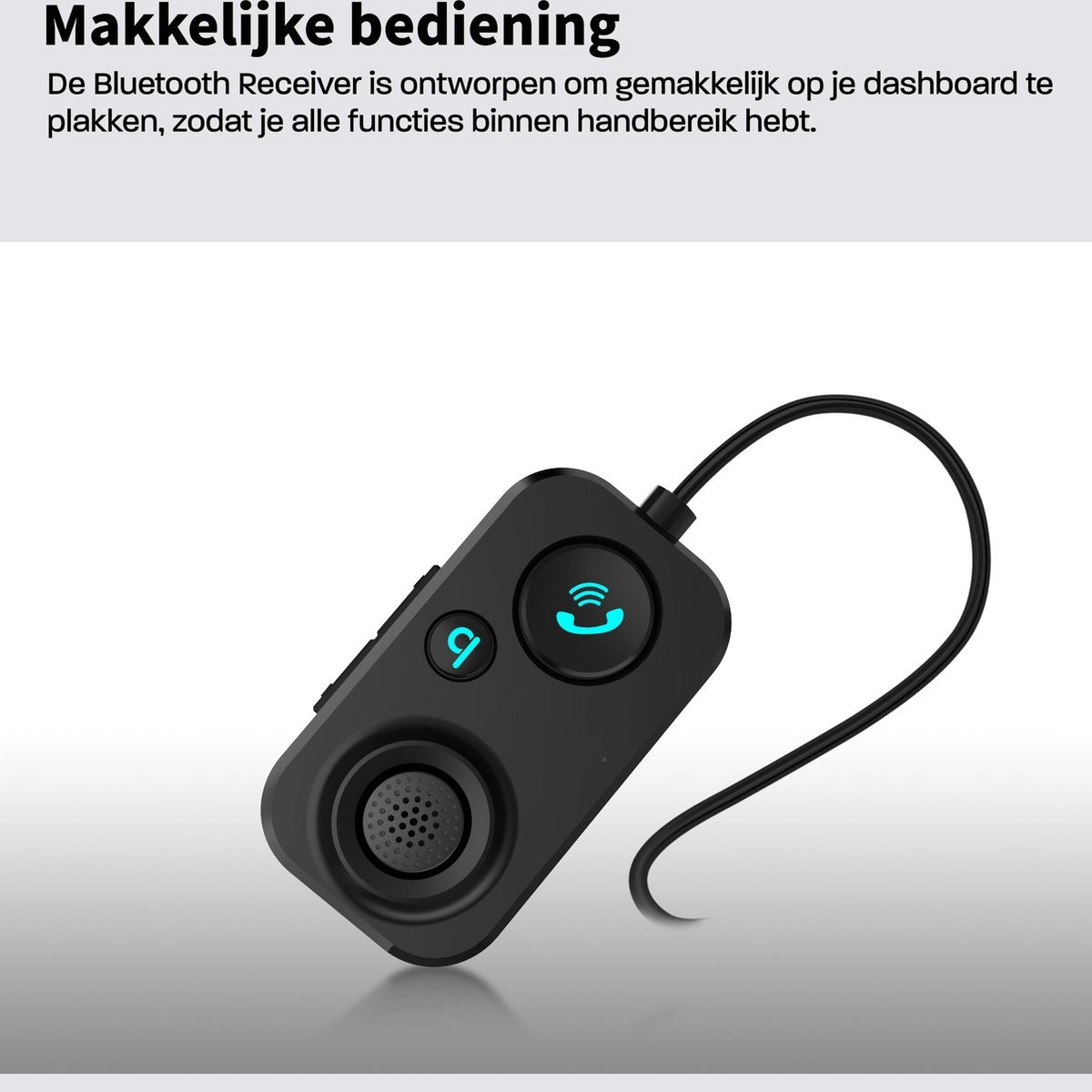 A black Bluetooth receiver with a curved cable. It has buttons with blue illuminated icons for phone and settings.
