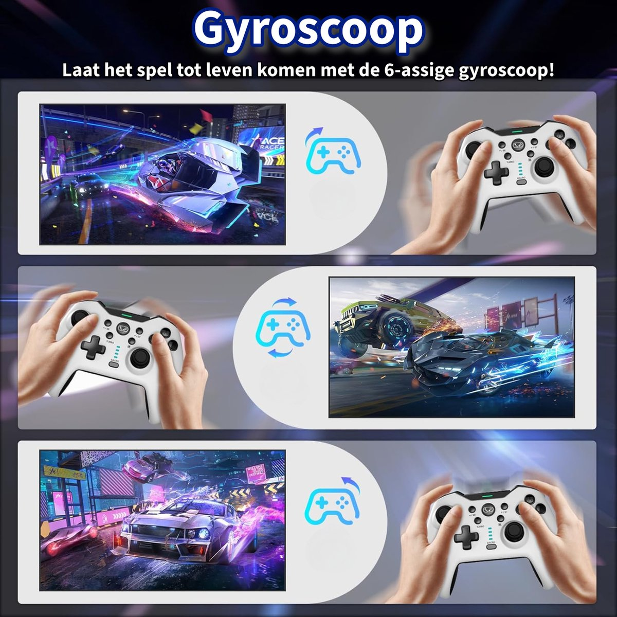 Image promoting a gyroscopic controller. It shows game scenes with cars and hands holding a white controller with black buttons.
