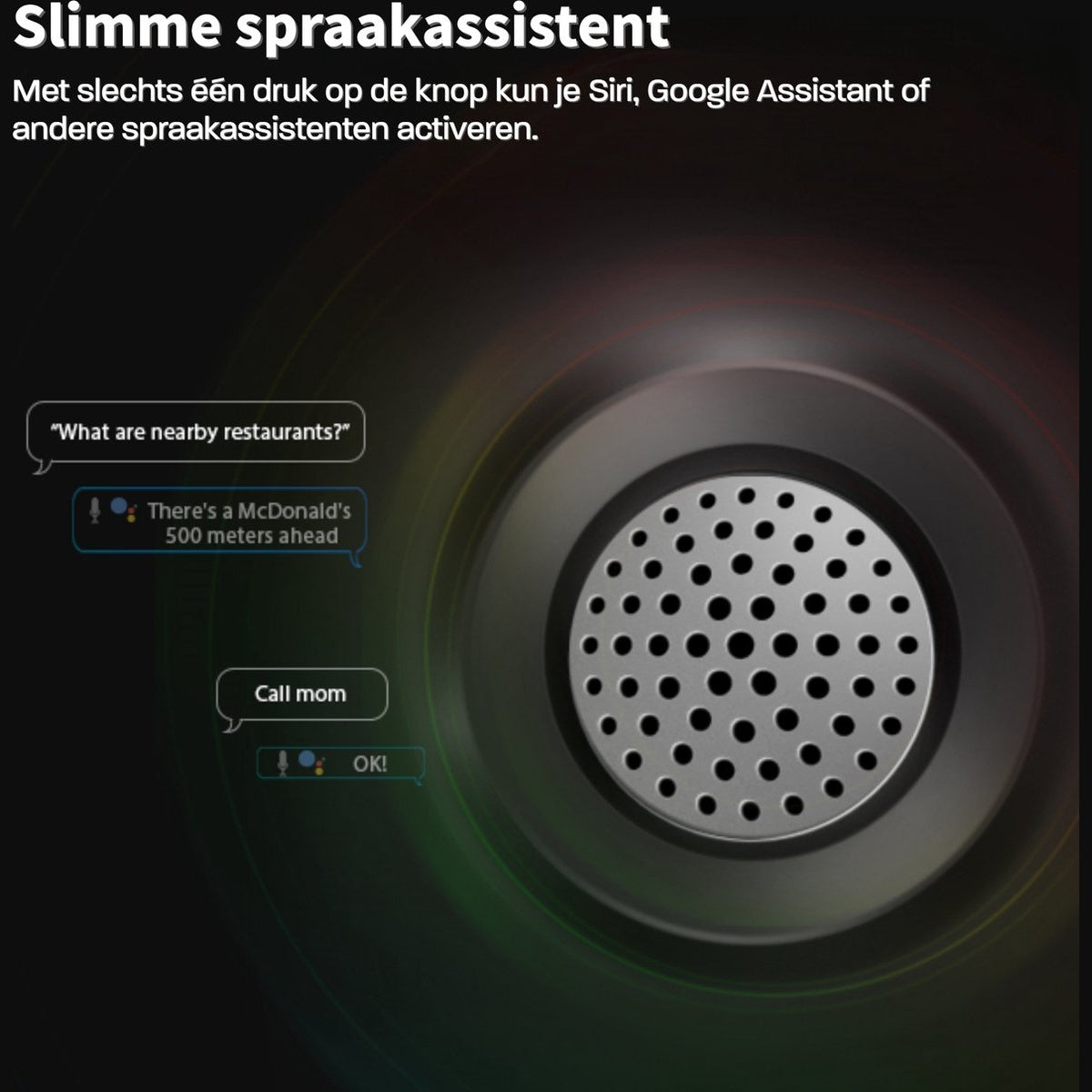 A smart speaker with a perforated center, voice command bubbles, and the text 'Slimme spraakassistent' at the top.