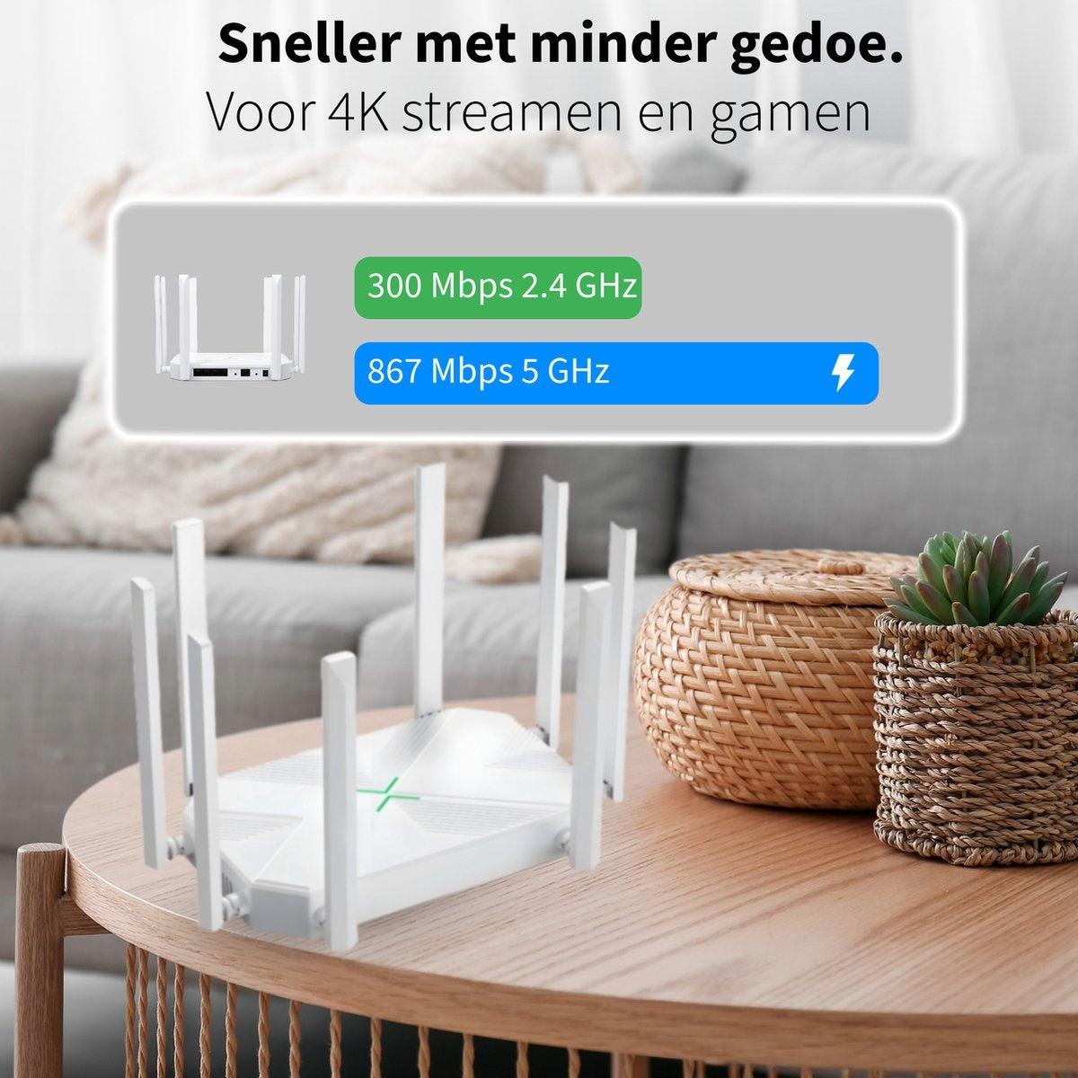 Witte router op houten tafel. Daarnaast een gevlochten mand, plant in pot en tekstvak met verbindingssnelheden.