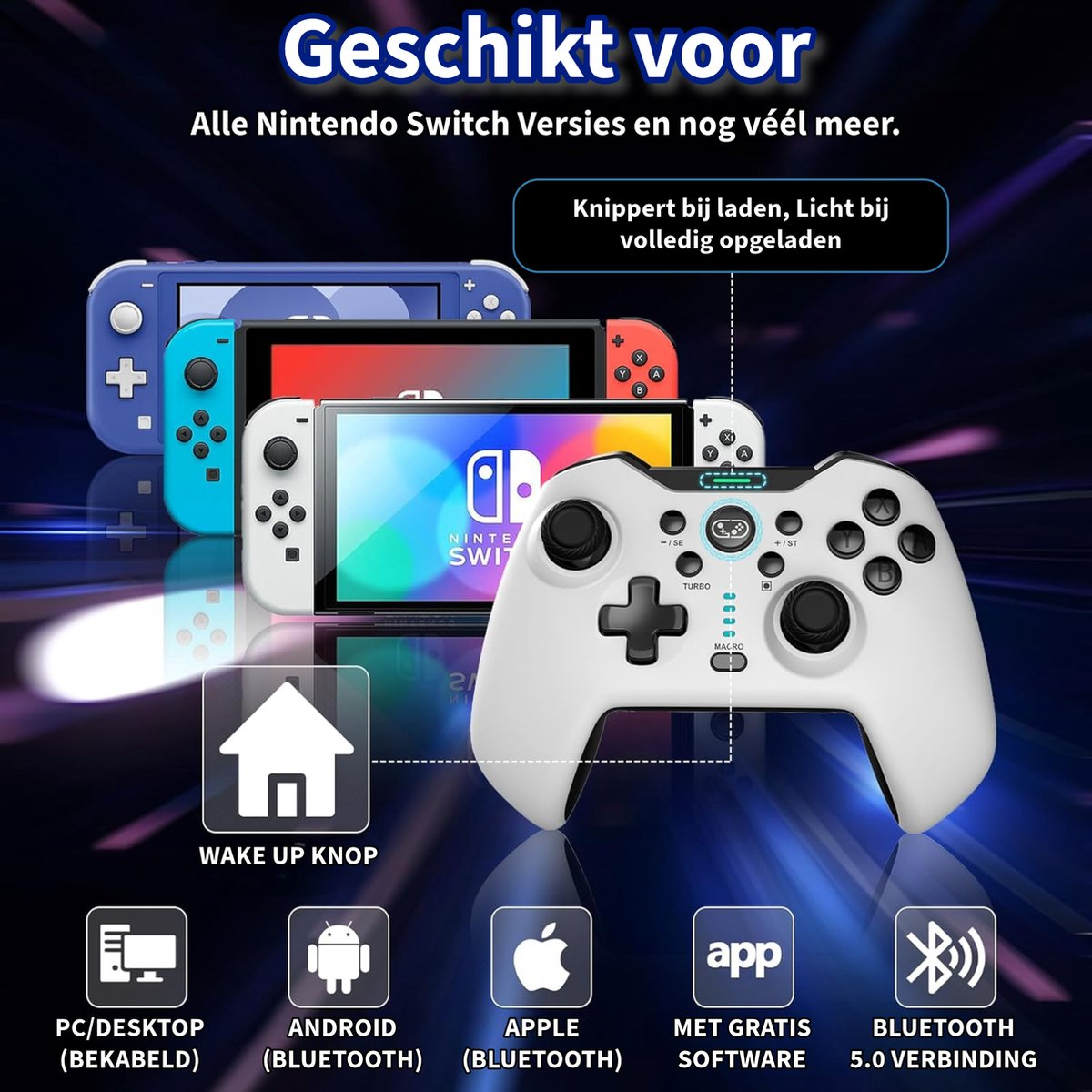 Image shows Nintendo Switch consoles, a white controller, and icons for connectivity. Text includes Dutch words for compatibility and features.