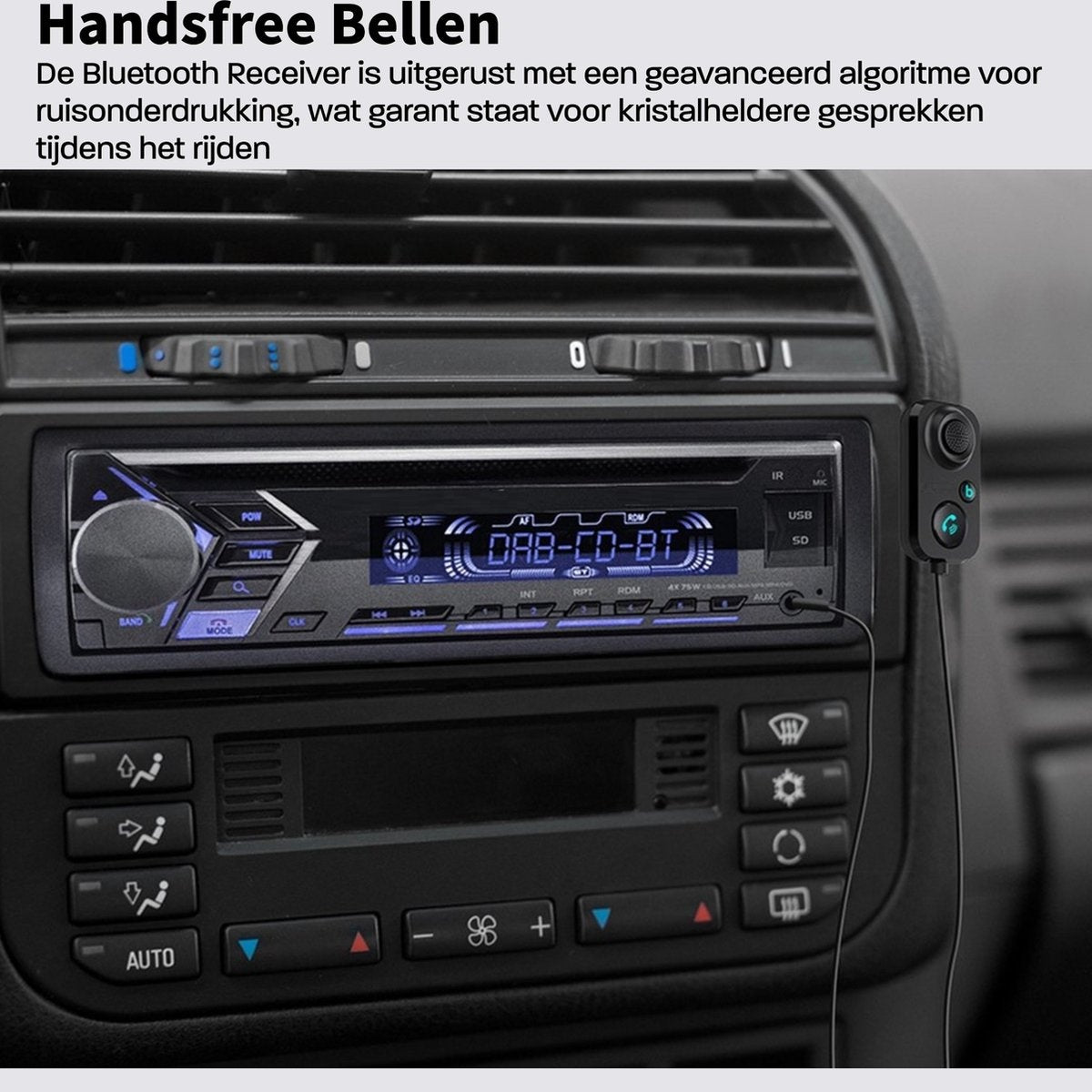 Car stereo with a Bluetooth receiver, buttons, display showing 'DAB-CD-BT', and a connected microphone. The dashboard has climate controls.