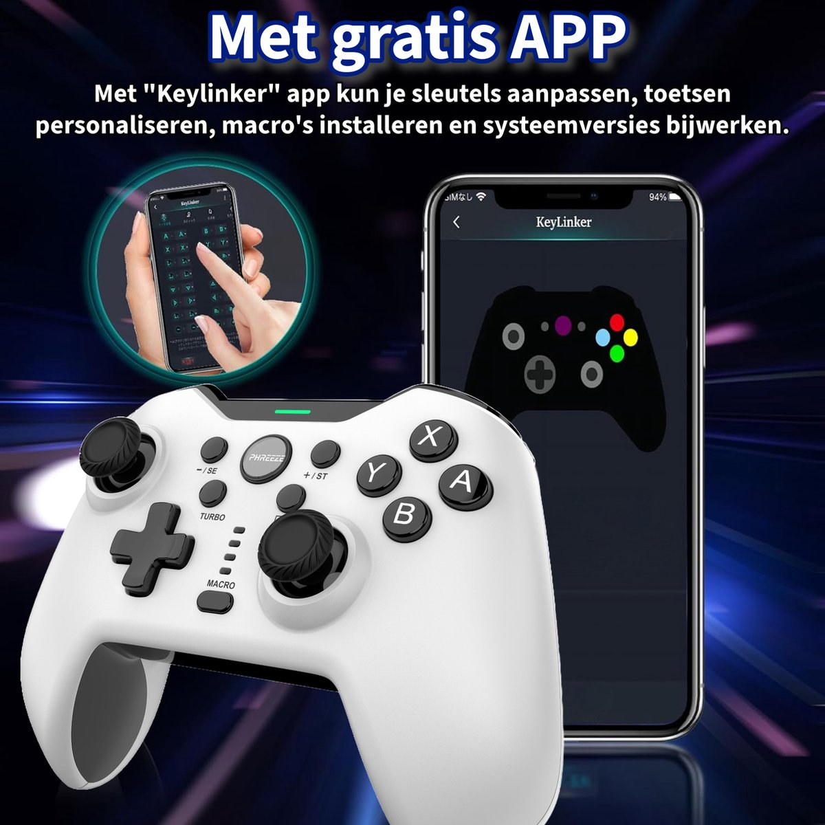 White game controller with buttons and a phone displaying a controller layout. The text says 'Met gratis APP'.