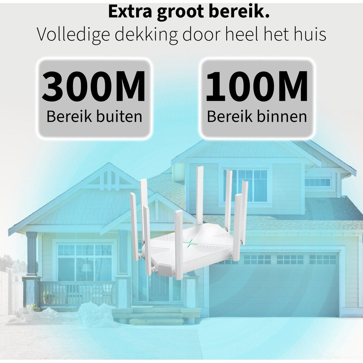 Een witte router met antennes voor een huis. Tekst: 'Extra groot bereik'. Het huis heeft een veranda en een garage.