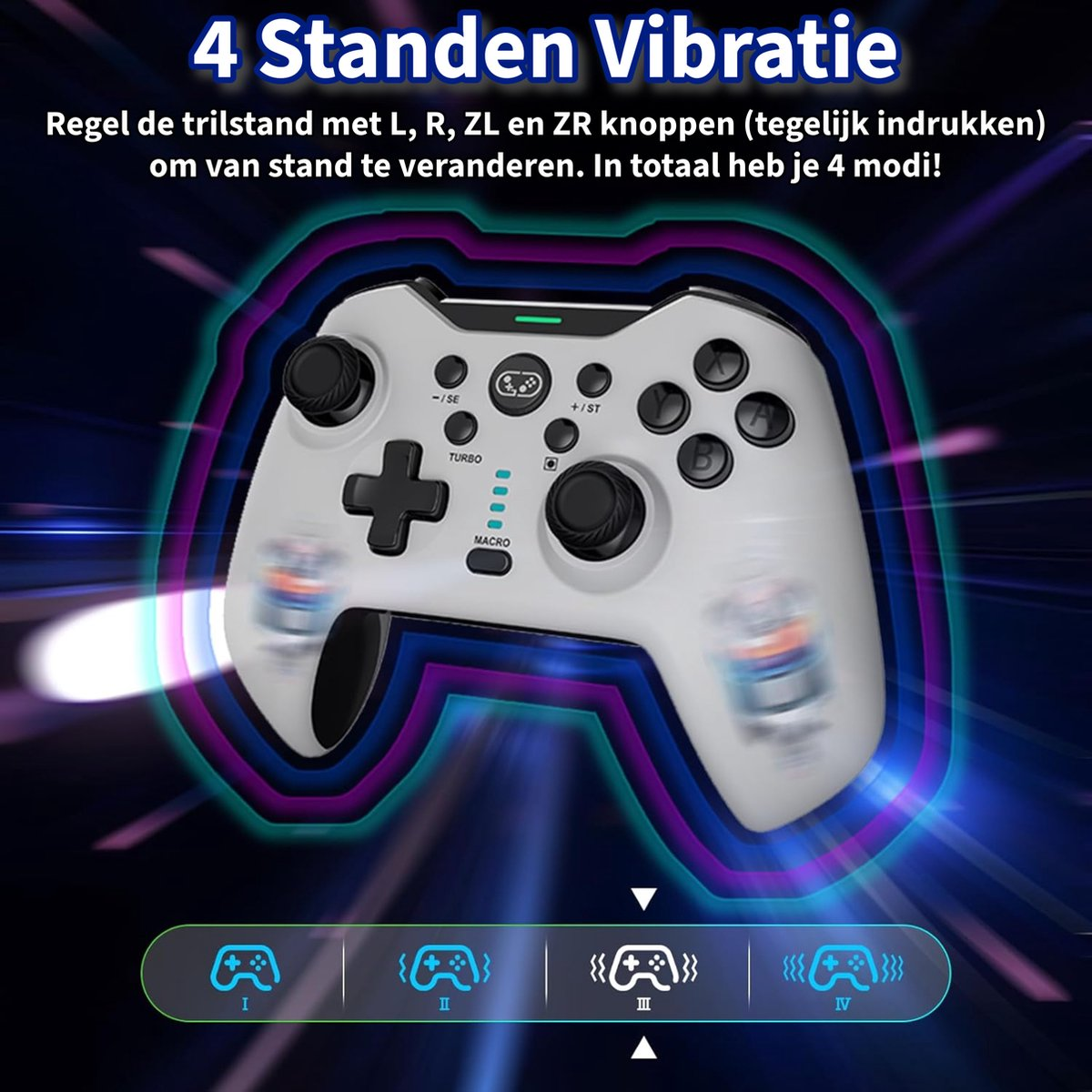 A white game controller with buttons, a directional pad, and a central section with indicator lights, set against a dark, glowing background.