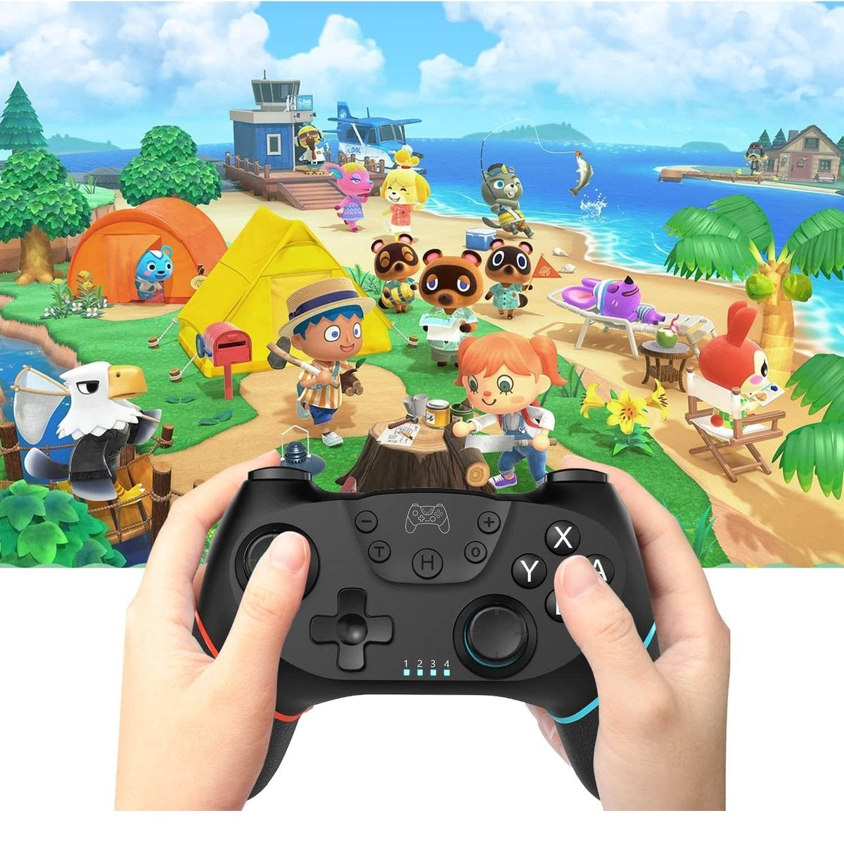 Handen die een zwarte controller vasthouden met een Animal Crossing-achtergrond. Personages en een strandscène zijn zichtbaar.