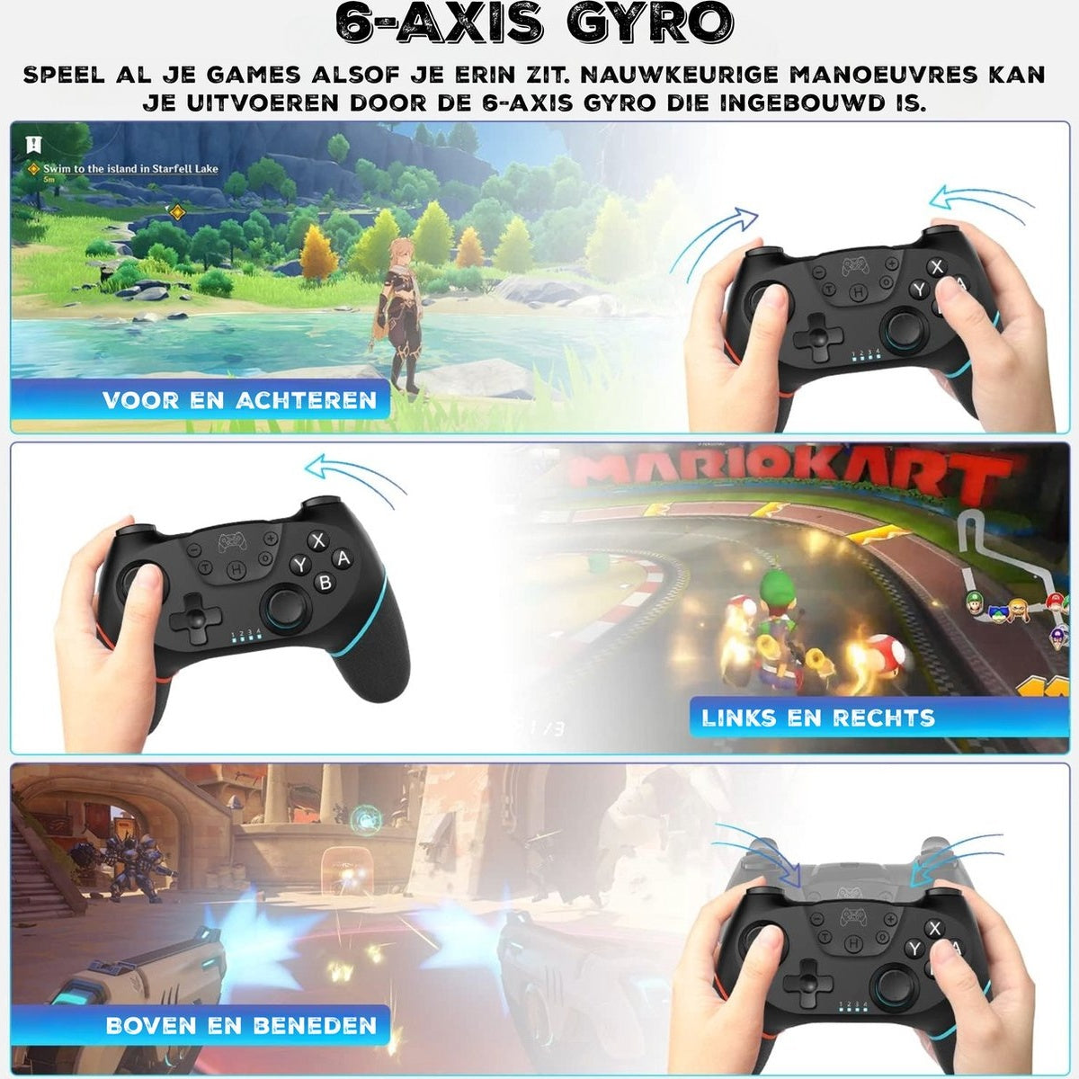 Een gamecontroller wordt getoond met game-scènes: een landschap, Mario Kart en een schietspel. Tekst benadrukt 6-assige gyro-functies.