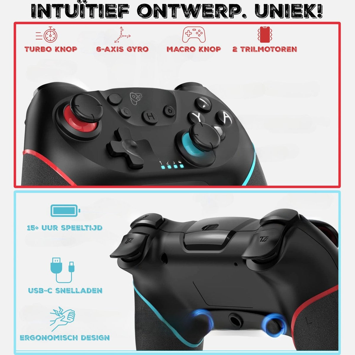 Zwarte gamecontroller met rode en blauwe accenten. Voorzien van knoppen, triggers en tekst die functies zoals turbo en 6-assige gyro beschrijven.