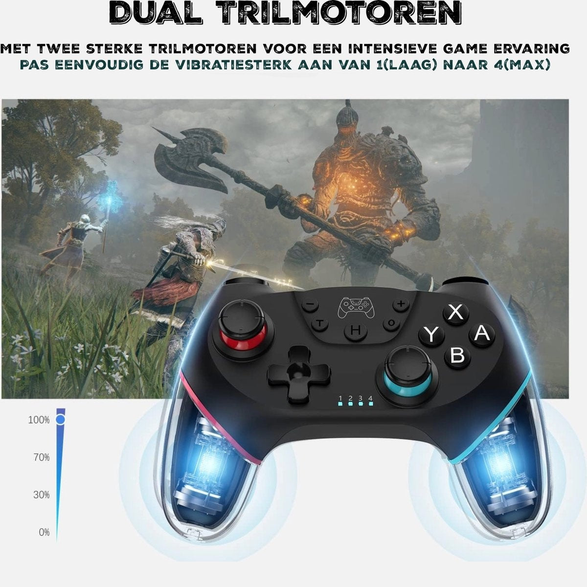 Een zwarte gamecontroller met rode en blauwe accenten, met een fantasiegevechtscène op de achtergrond en een vibratie-intensiteitsindicator.