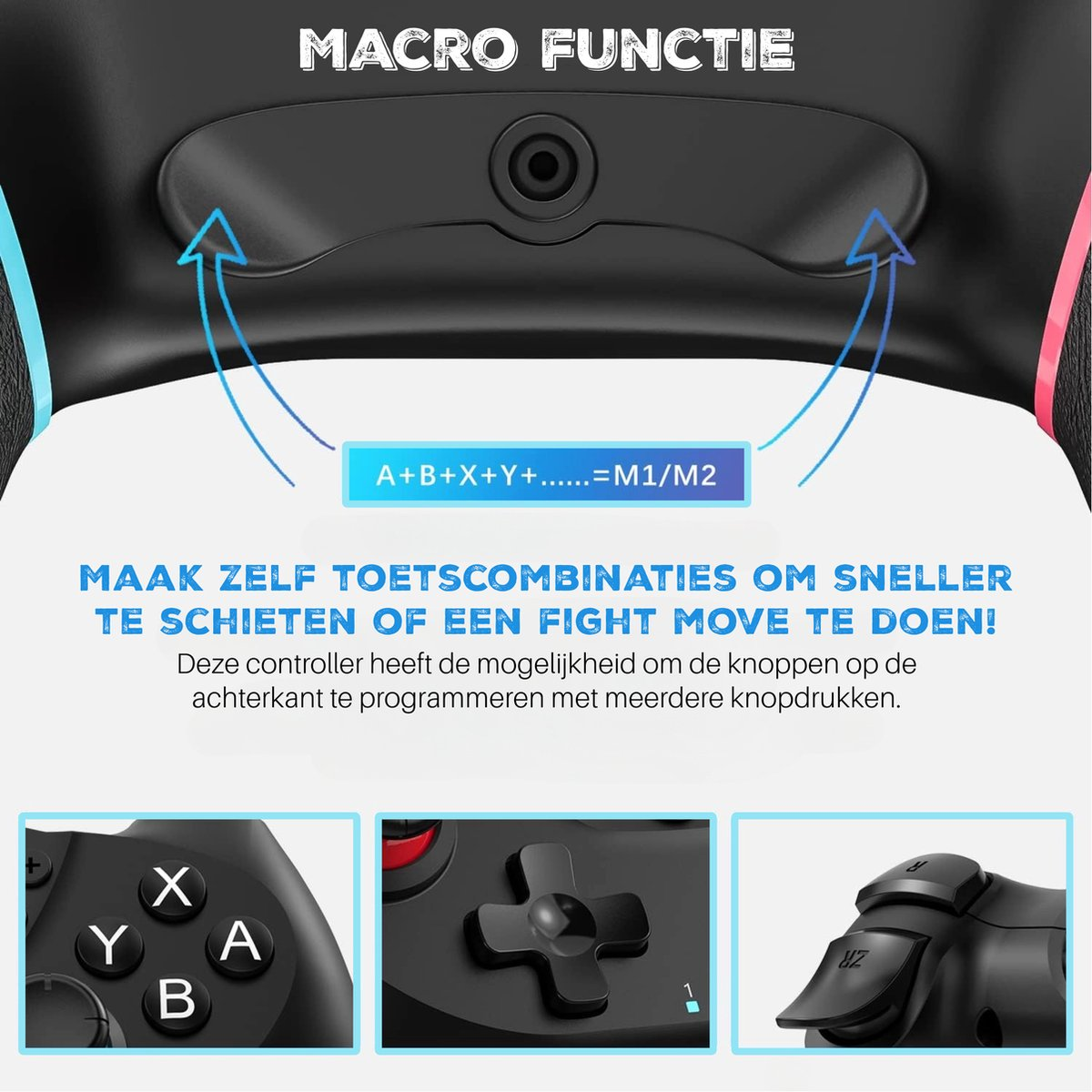 Een zwarte gamecontroller met het label 'MACRO FUNCTIE', knopschema's en tekst die aanpasbare knopcombinaties uitlegt.