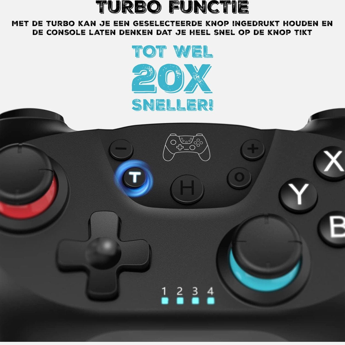 Zwarte gamecontroller met blauwe en rode accenten. Tekst benadrukt turbofunctie en zegt tot 20x sneller.