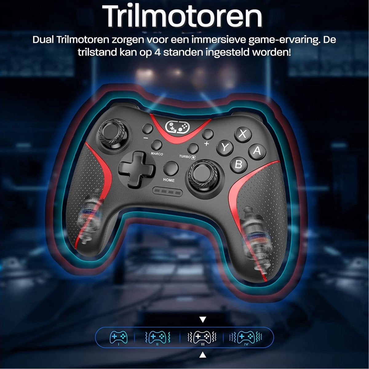 Black gamepad with red accents. It has buttons labeled X, Y, A, B, and a D-pad. The background is dark blue with text.