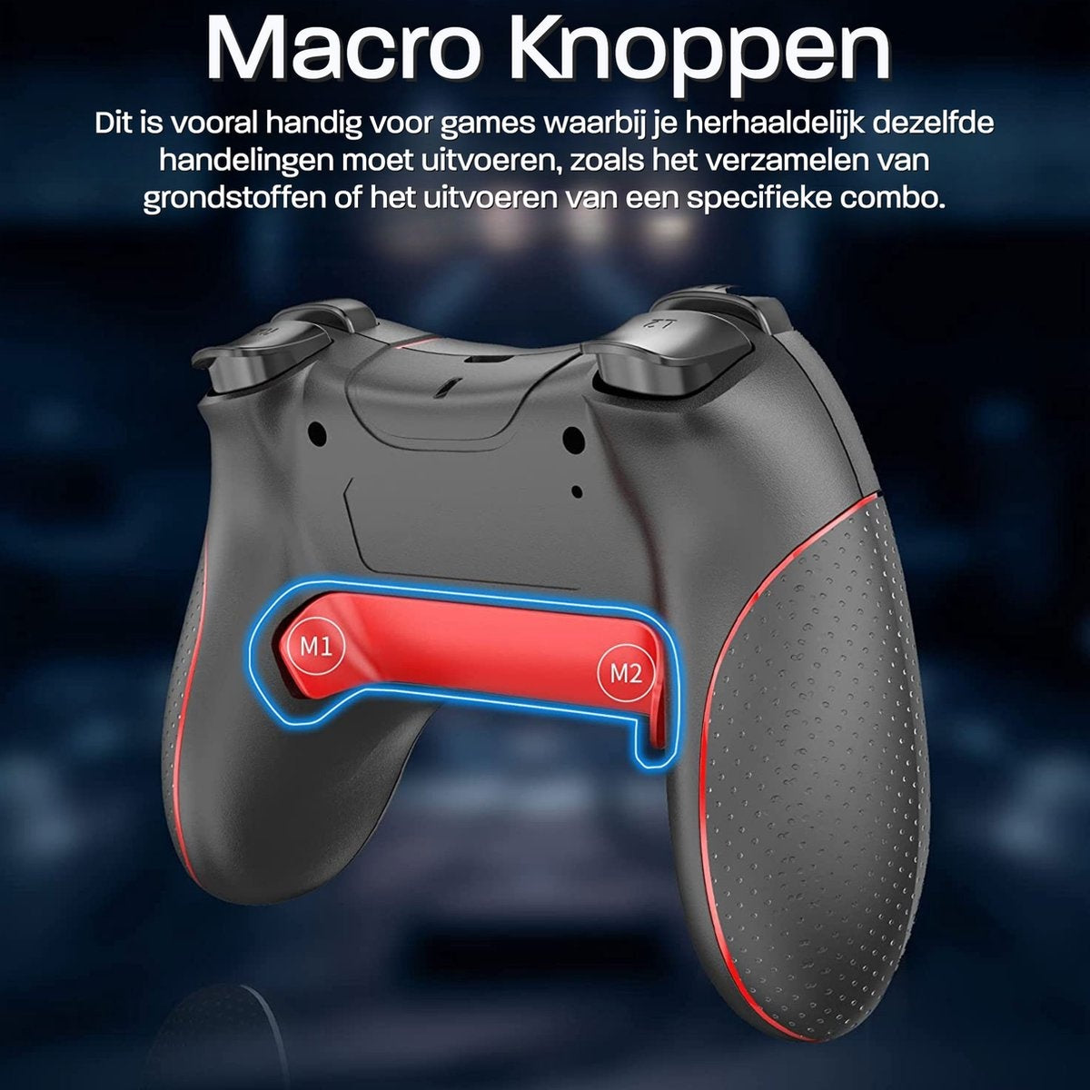 A black and red game controller. It has macro buttons labeled M1 and M2, and the text "Macro Knoppen" is visible.
