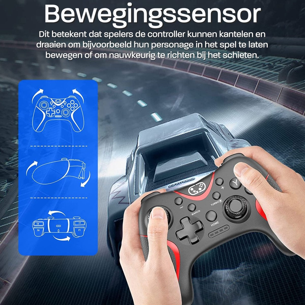 A person holds a black and red game controller. A blue box displays controller diagrams. A car graphic is in the background.
