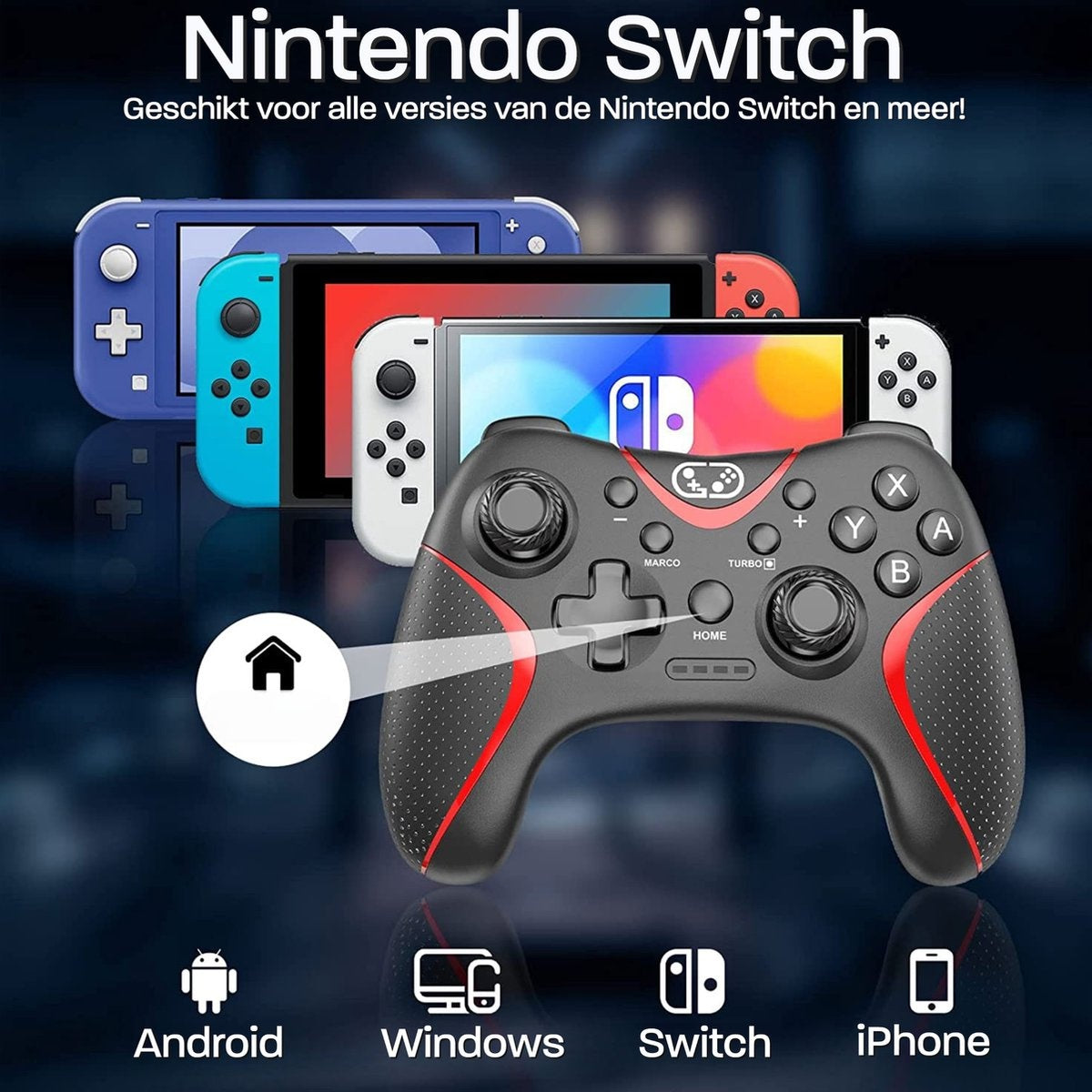 A black game controller with red accents, Nintendo Switch consoles, and icons for Android, Windows, Switch, and iPhone.