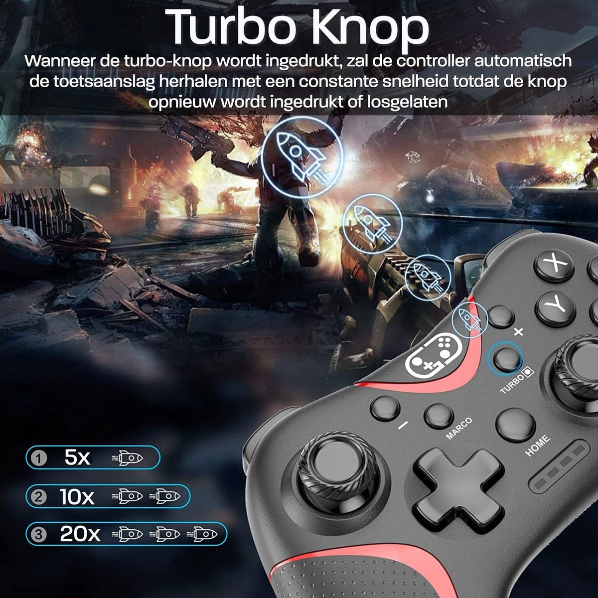 A gaming controller with turbo button is shown. It is black and red with a game scene in the background and rocket icons.