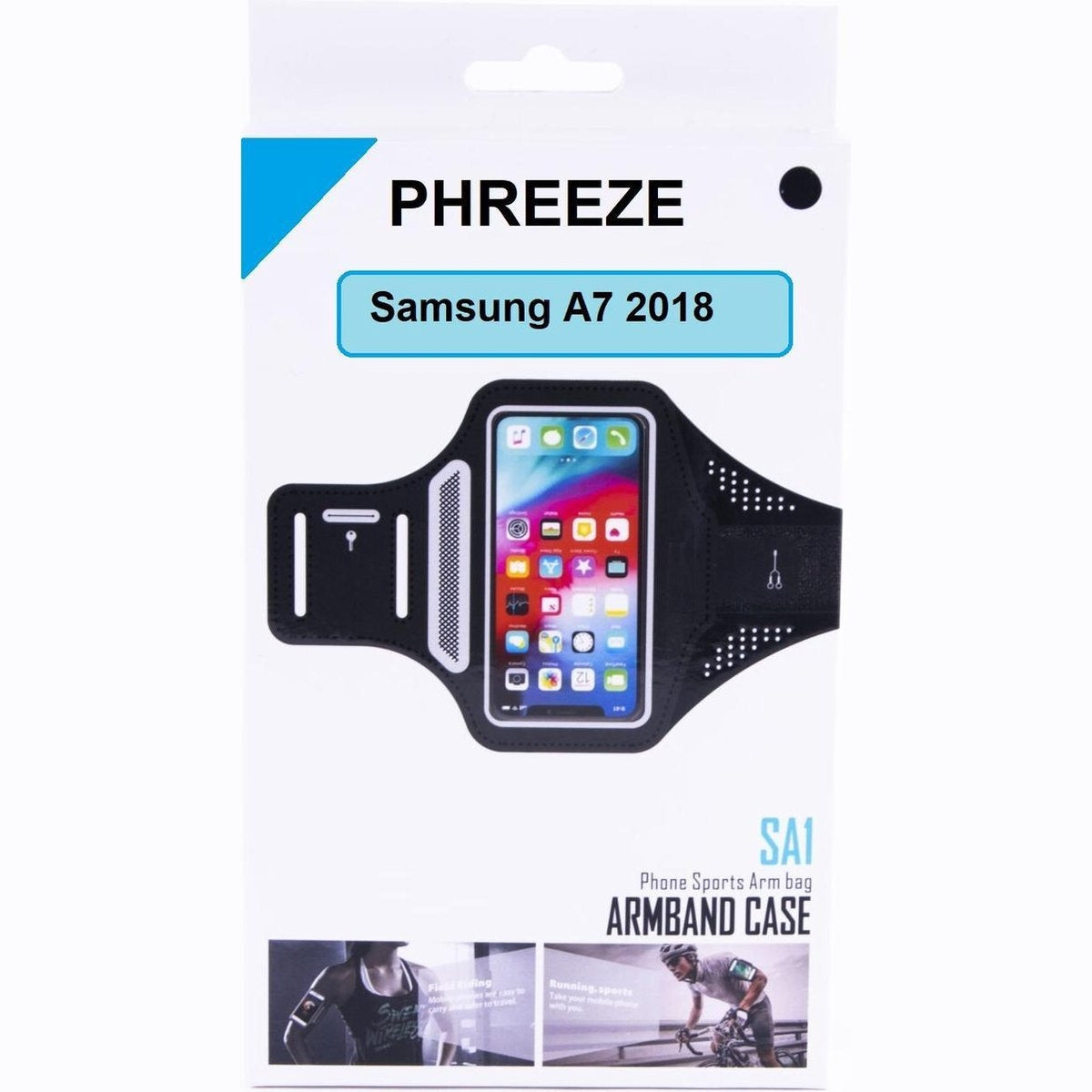 A phone armband case for Samsung A7 2018. The packaging shows the armband with a phone inside, brand name PHREEZE, and text about sports.