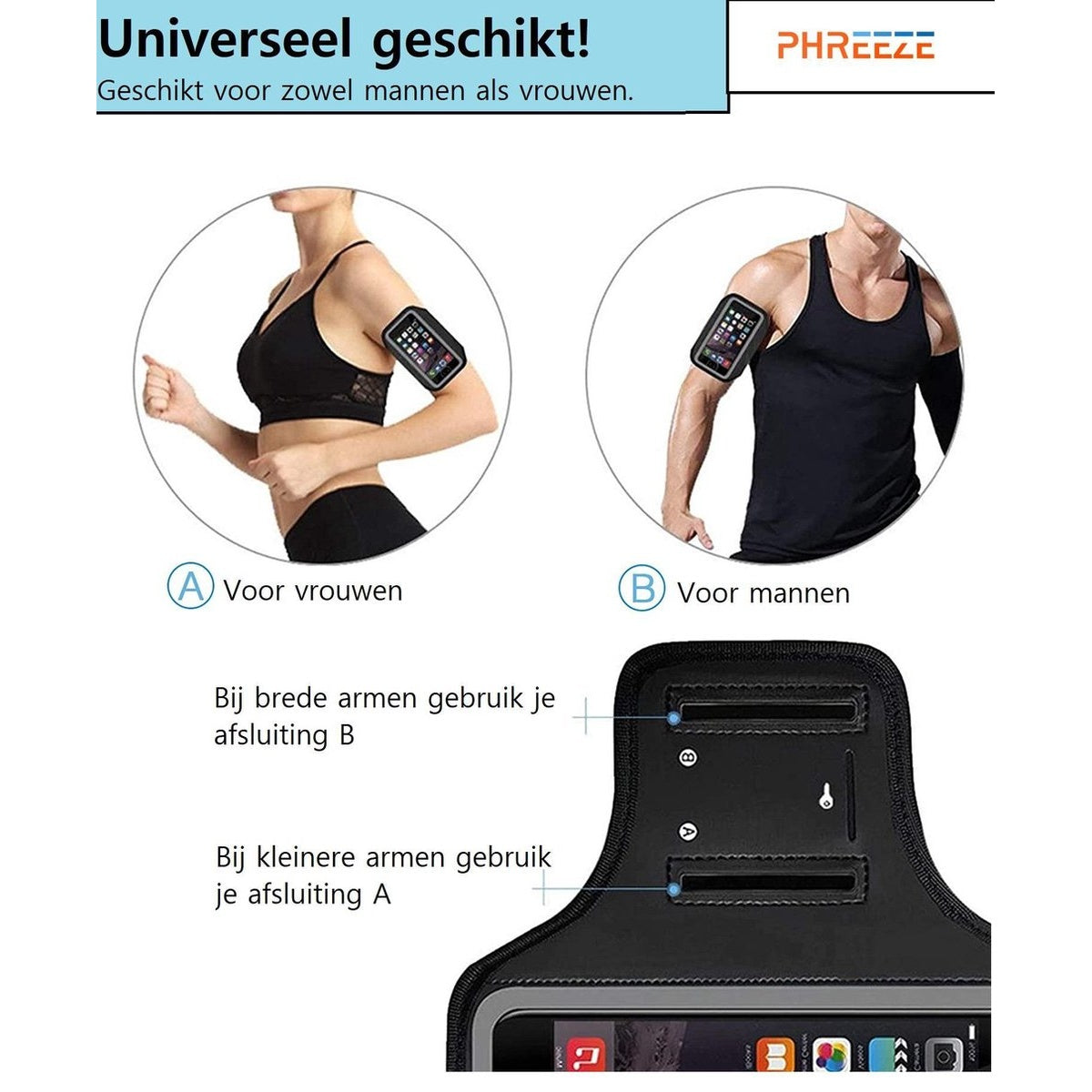 Image shows armbands for phones. A woman and a man are shown wearing them. Text indicates they fit both men and women.