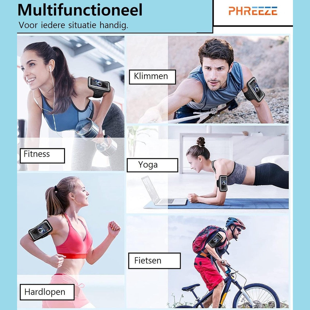 Image shows people doing various activities like fitness, climbing, yoga, running, and cycling. Each person has a phone on their arm.