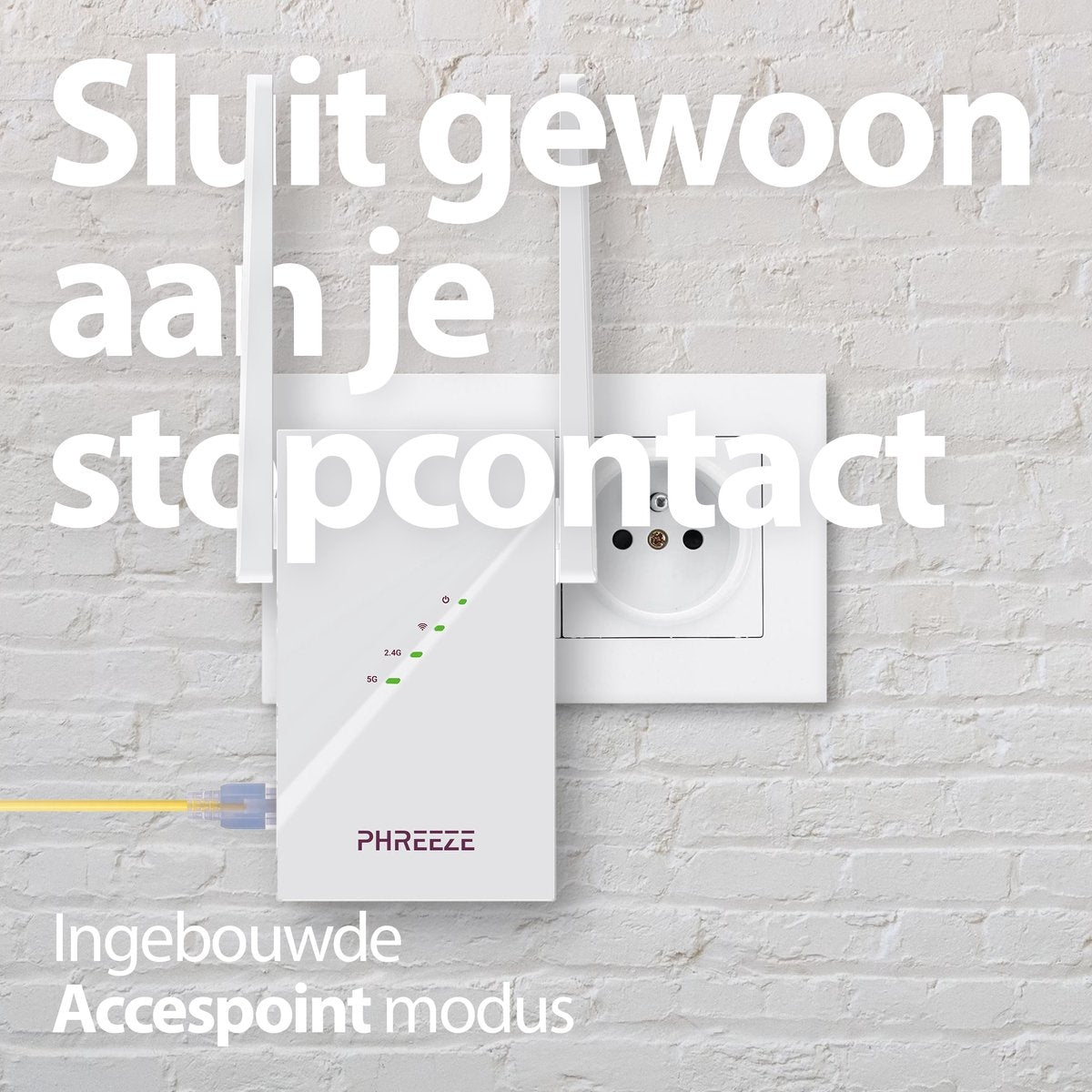A white WiFi extender plugged into a wall outlet. Text says, 'Just plug it into the outlet.' The background is a white brick wall.