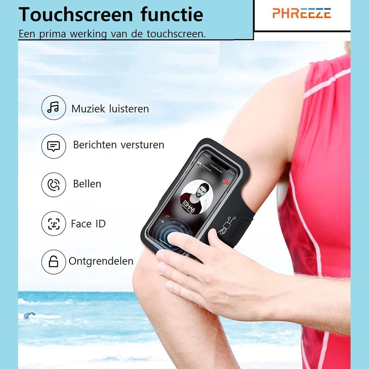A person wearing an arm band with a phone is shown. The phone displays a music app and the person is touching the screen.