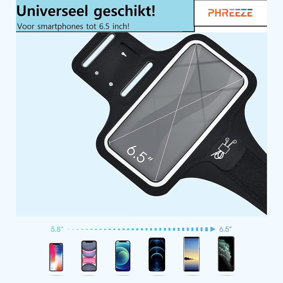 Black armband with a phone display. Text says 'Universally suitable! For smartphones up to 6.5 inch!' Several phones are shown below.
