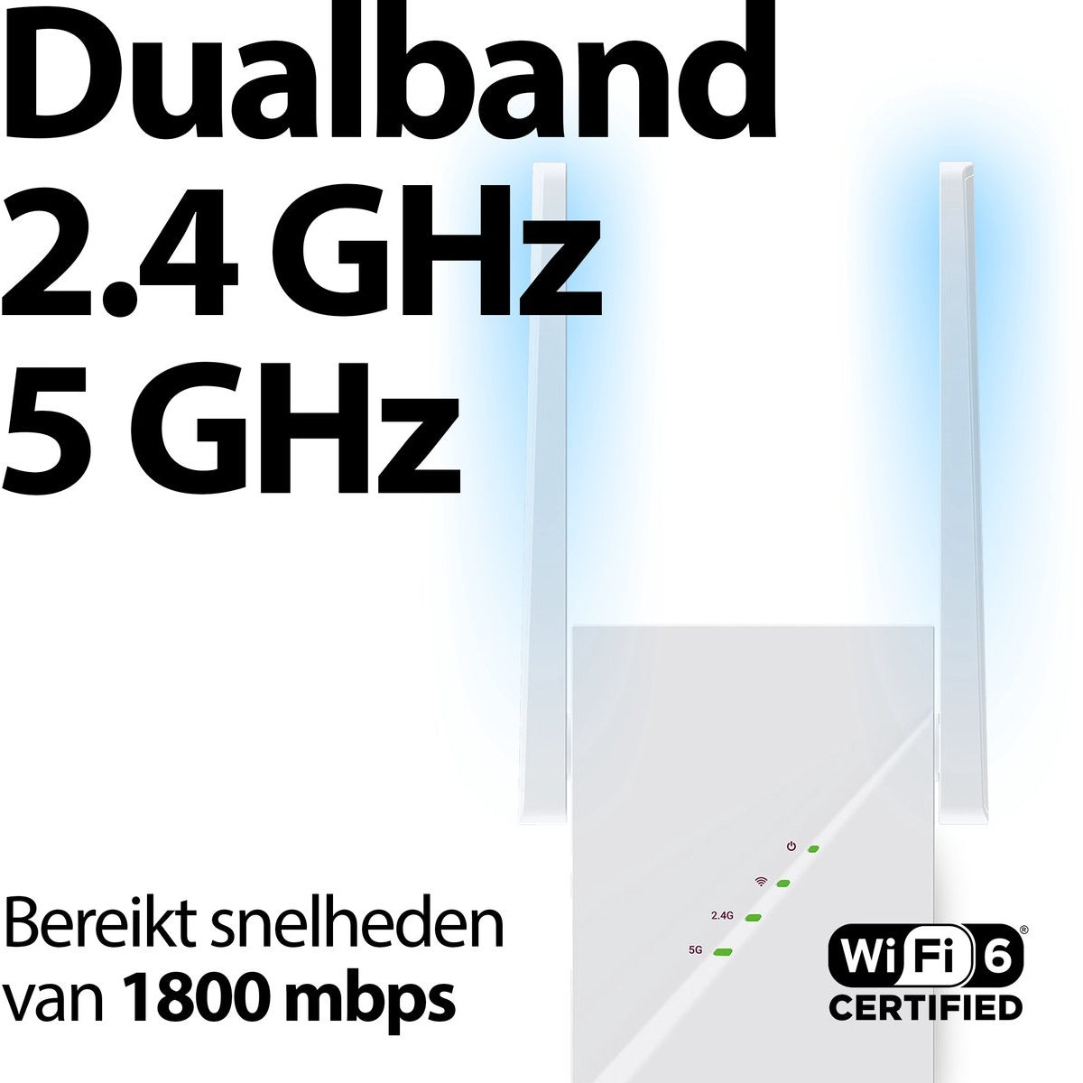 A white Wi-Fi router with two antennas. Text reads: Dualband 2.4 GHz 5 GHz. The text below reads: Bereikt snelheden van 1800 mbps.