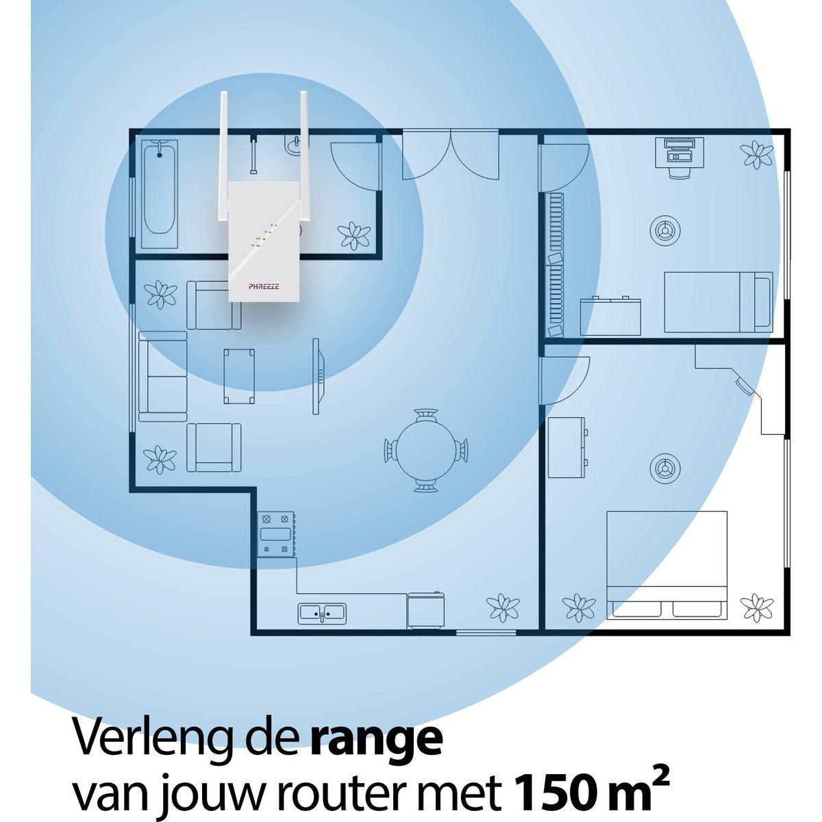 A top-down view of a floor plan with a router extending signal. Text below says 'Extend the range of your router with 150 m²'.