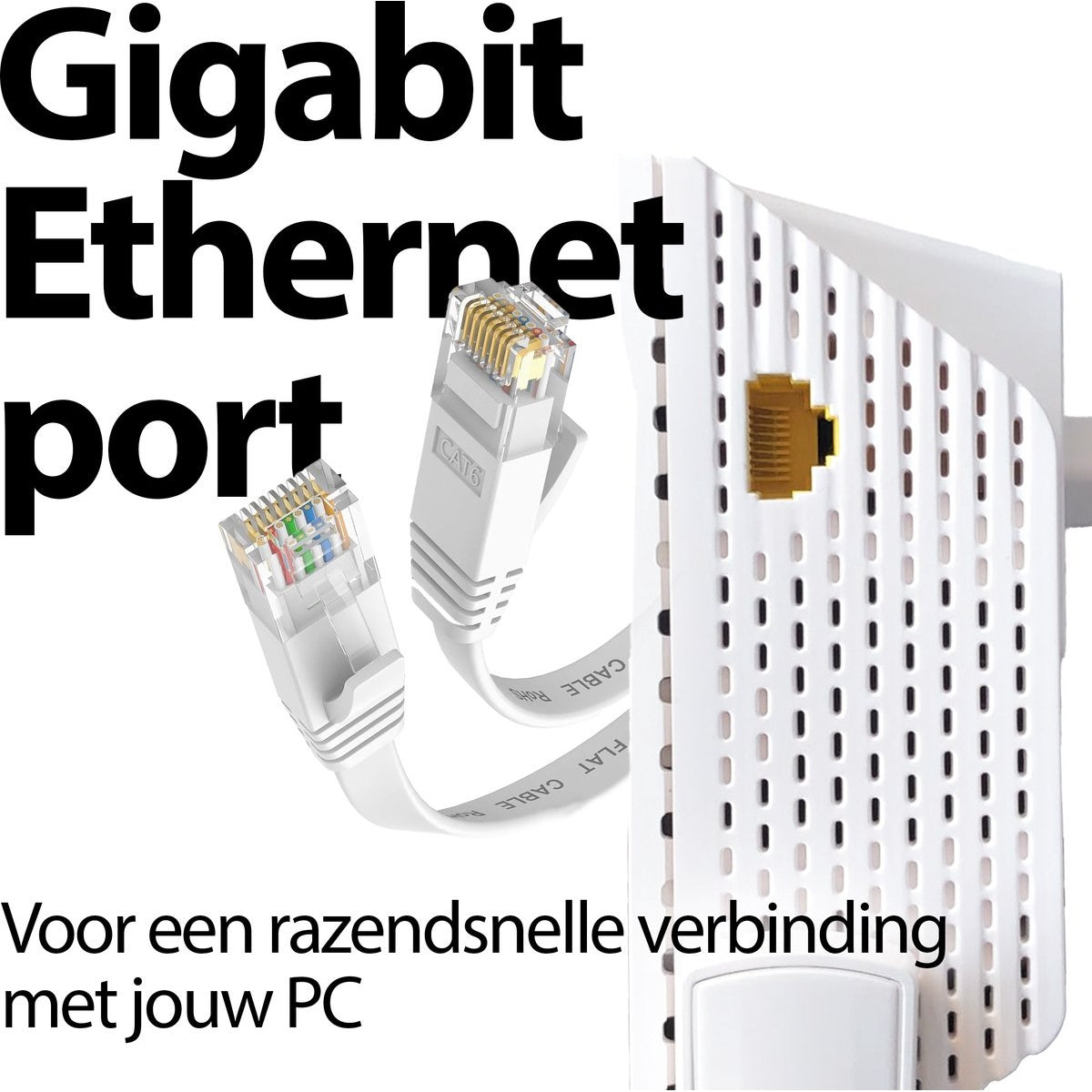 Image shows Ethernet cables and a router. Text reads 'Gigabit Ethernet port'. Cables are white, router is white with a gold port.