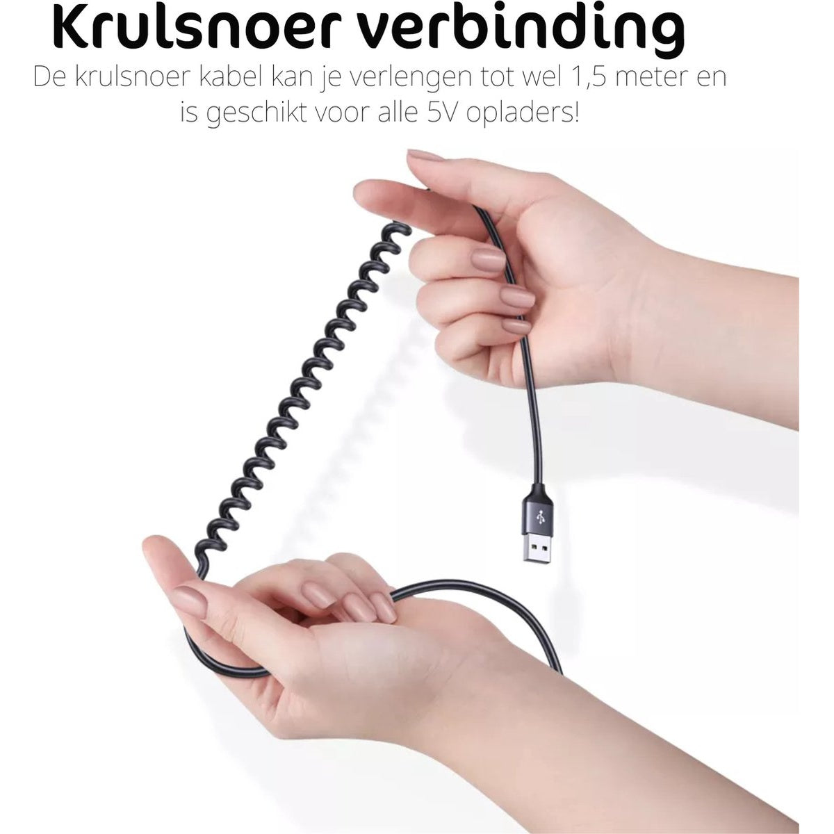 A person holds a black curly charging cable with a USB connector. The cable is coiled and straight, against a white background.