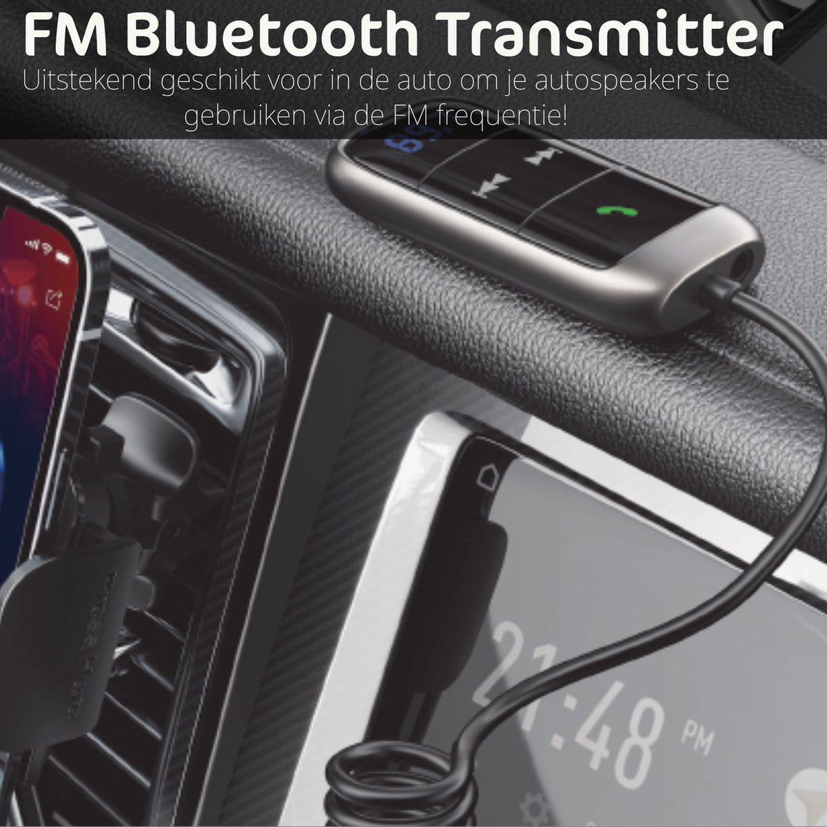 A car interior with a Bluetooth transmitter connected to a phone. The time is displayed on a screen. The transmitter is silver and black.