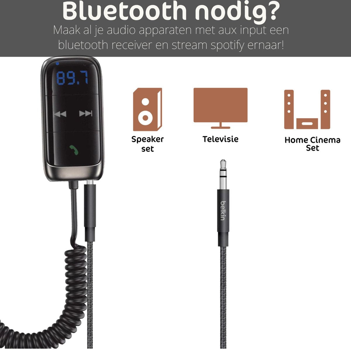 An image showing a car audio adapter, speaker, TV, and home cinema set icons. A Belkin audio jack is also present.