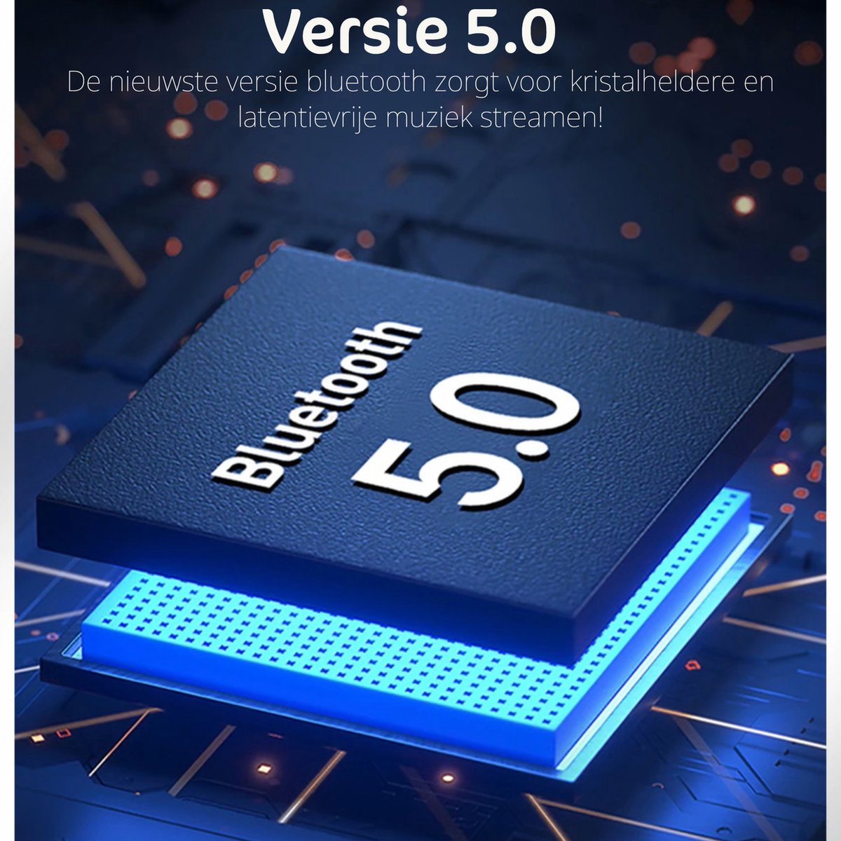 A blue Bluetooth 5.0 chip is shown. The top layer has the word 'Bluetooth' and '5.0' in white. The background is a circuit board.