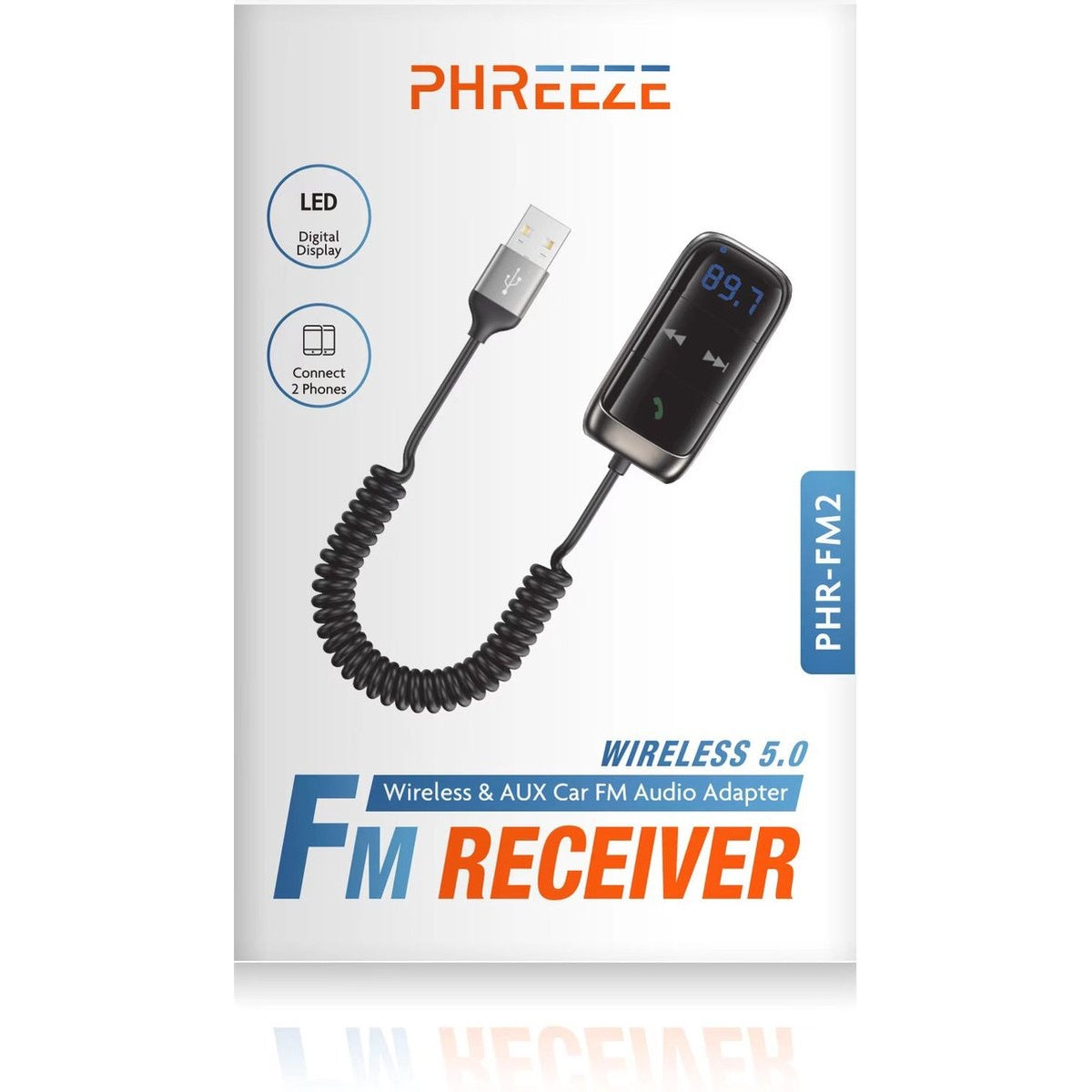 Product box with a wireless FM receiver. It features a USB cable, a digital display showing 89.7, and the brand name PHREEZE.