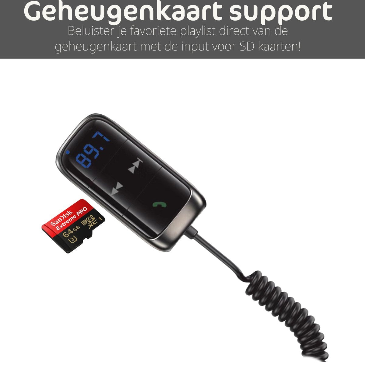 A black device displaying 89.7, a red SD card, and text at the top. The device has a coiled cable.