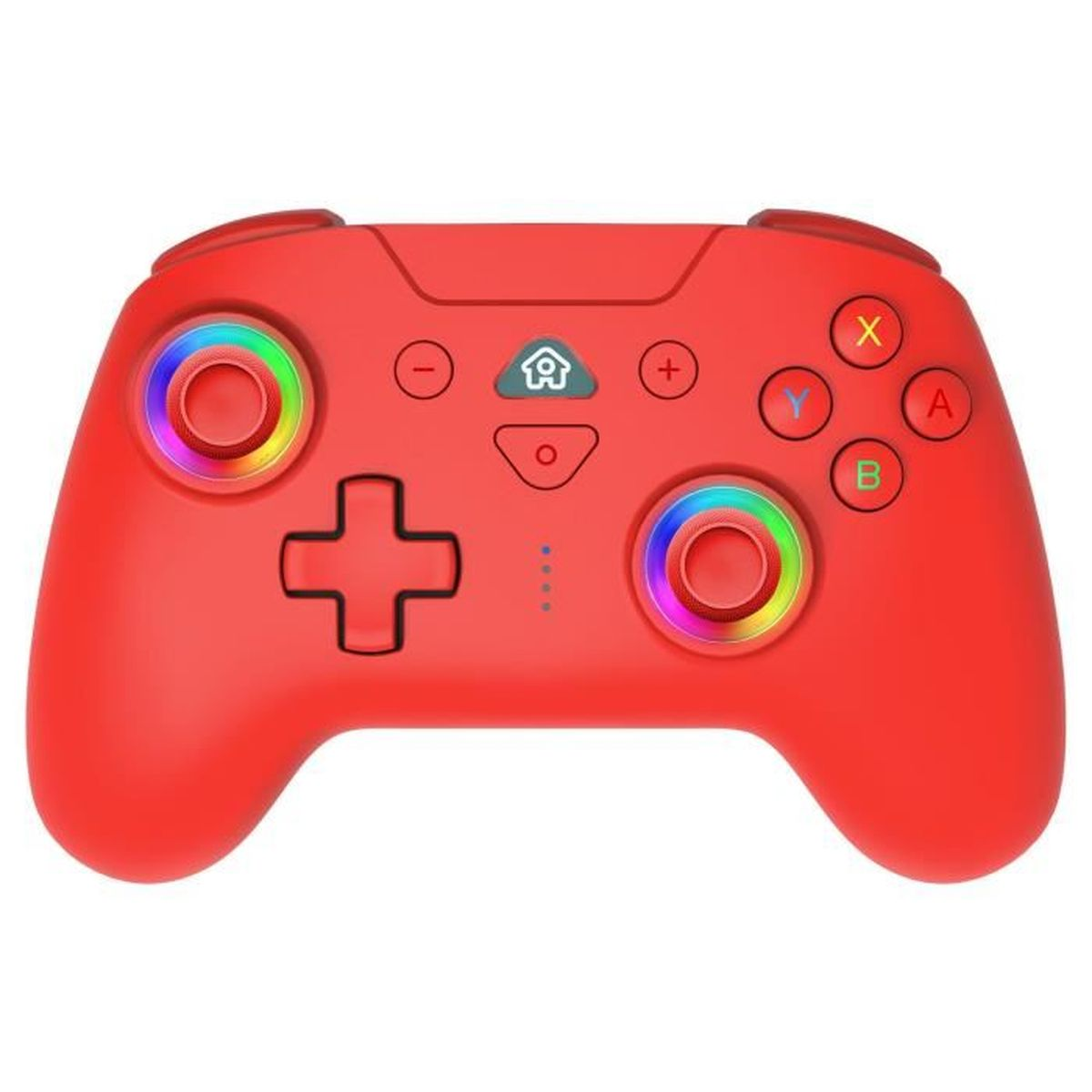 Czerwony gamepad z kolorowymi pierścieniami wokół joysticków. Przyciski: X, A, Y, B, plus, minus i przycisk home.
