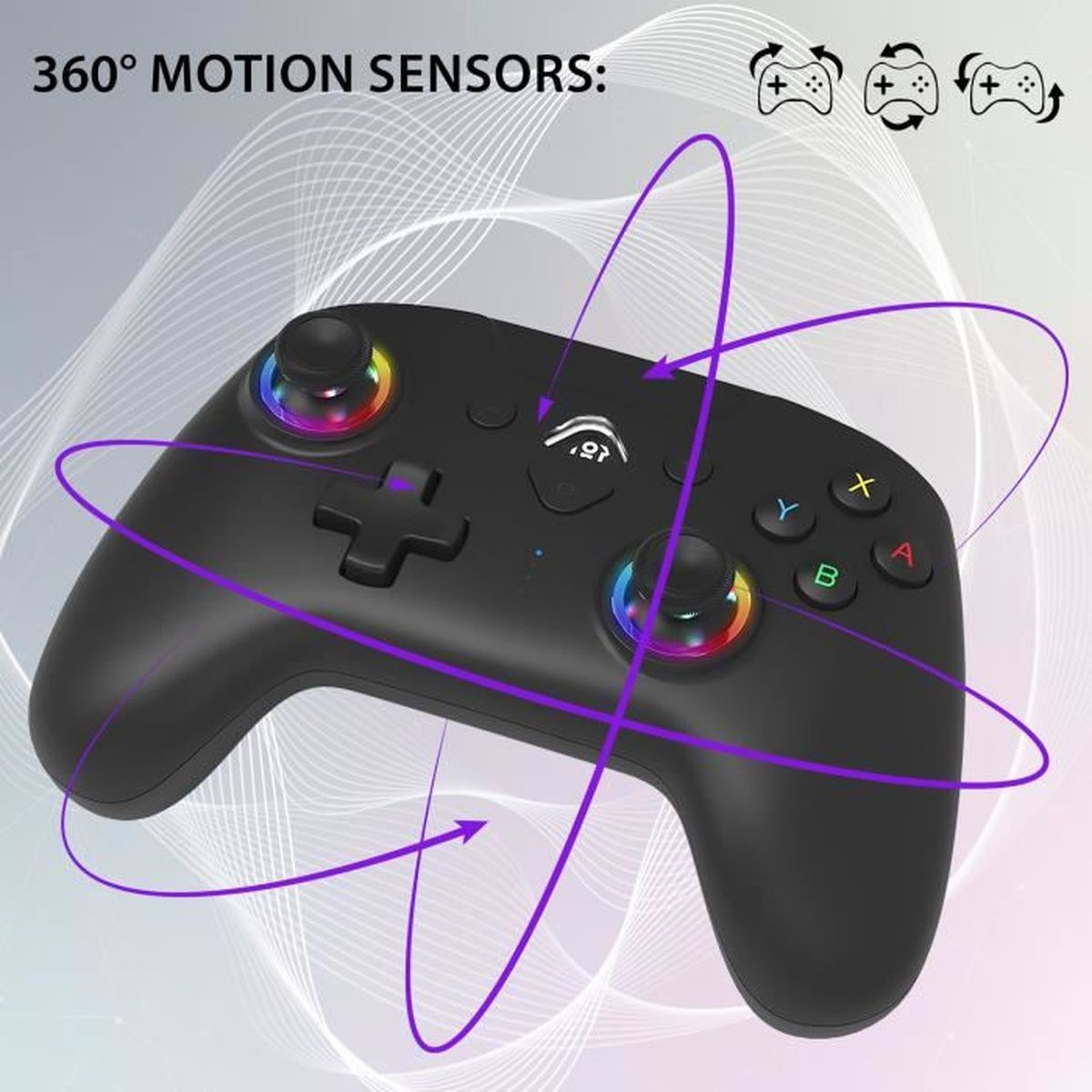Czarny gamepad z joystickami, przyciskami i fioletowymi liniami ruchu w kolorach tęczy. Tekst brzmi: 360° MOTION SENSORS.
