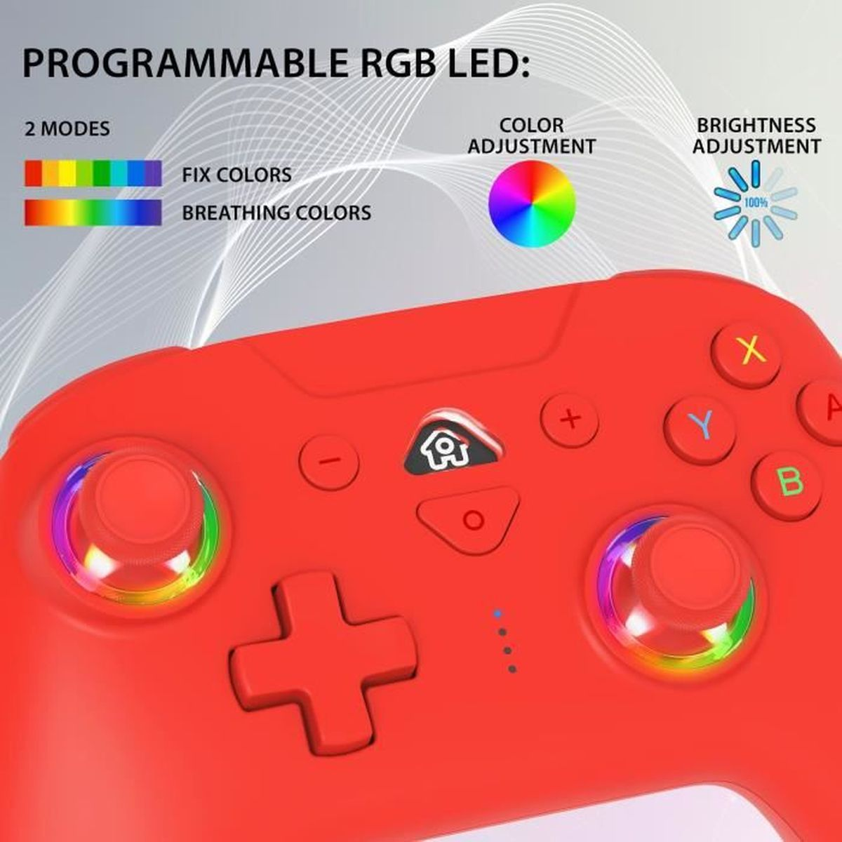 Czerwony gamepad z programowalnymi funkcjami LED RGB. Przyciski obejmują X, Y, A, B, znaki plus, znaki minus i pad kierunkowy.