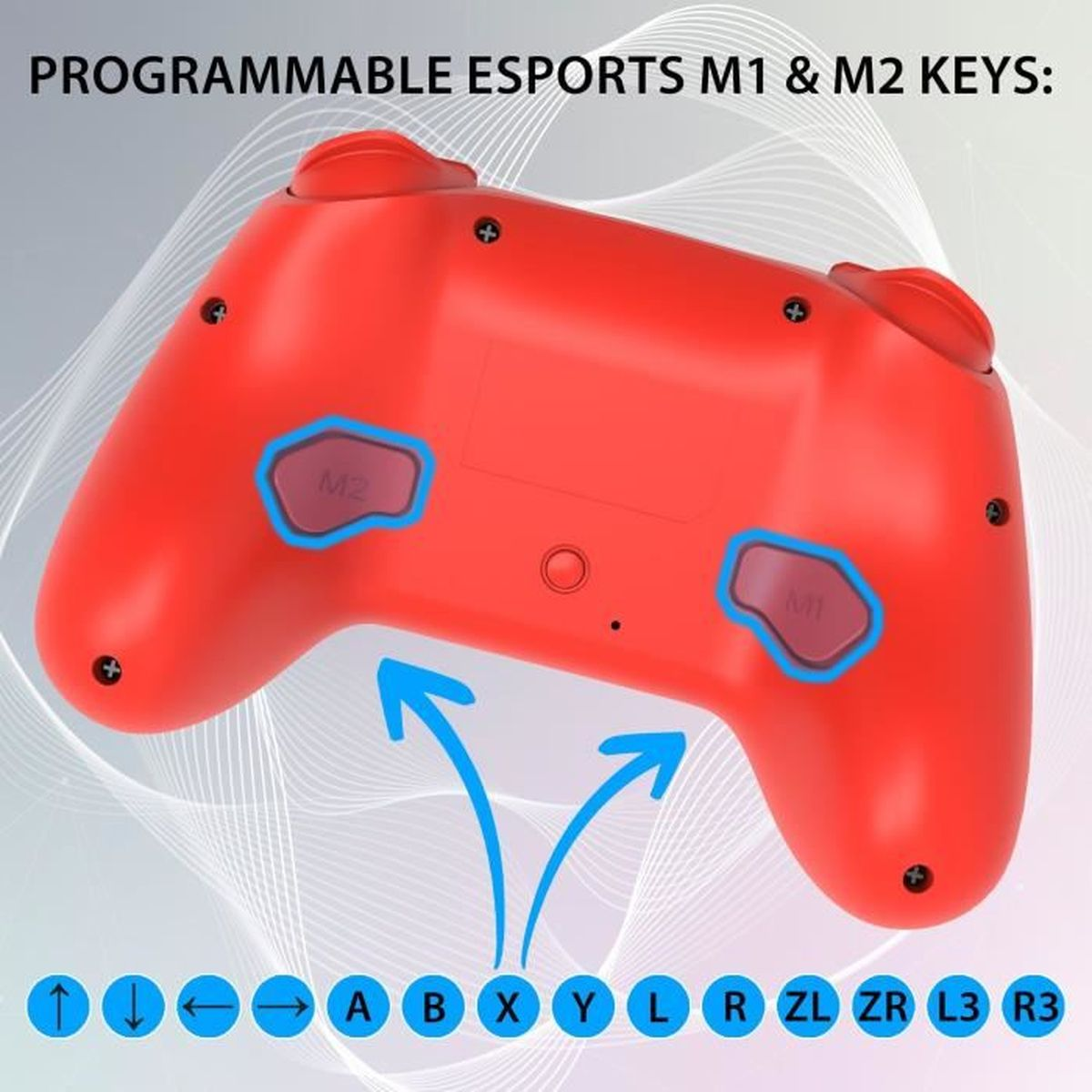 Czerwony gamepad z przyciskami M1, M2 i innymi klawiszami jak A, B, X, Y. Strzałki wskazują od przycisków do klawiszy konsoli.