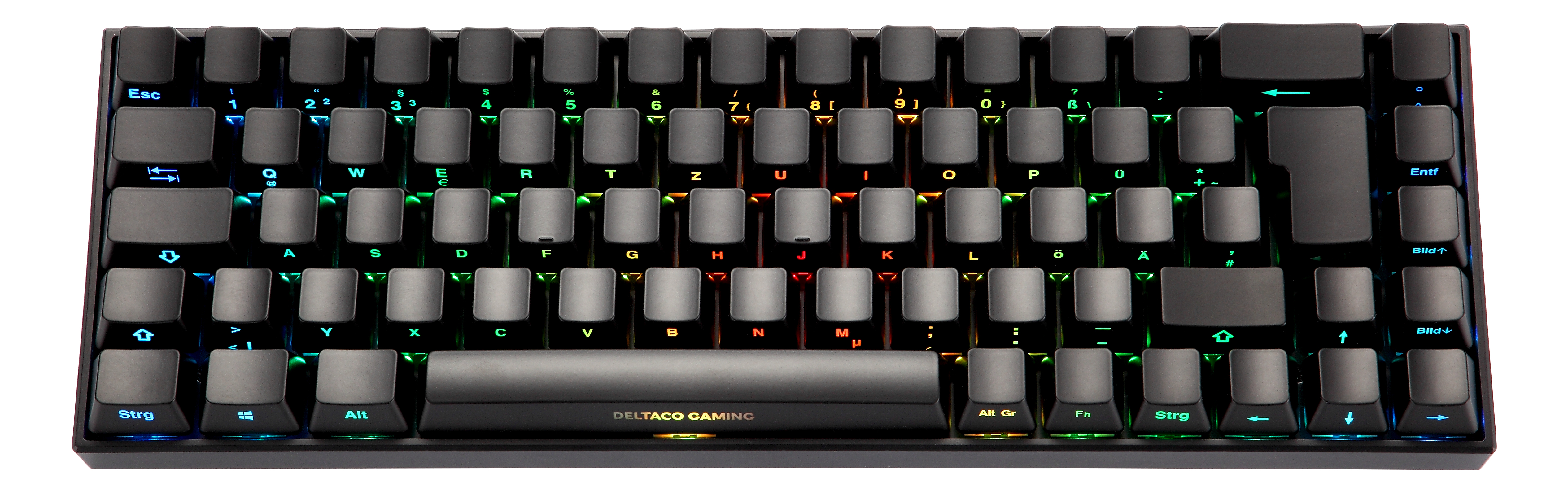 Eine schwarze mechanische Tastatur mit beleuchteten Tasten. Die Tastatur hat die Marke DELTACO GAMING.