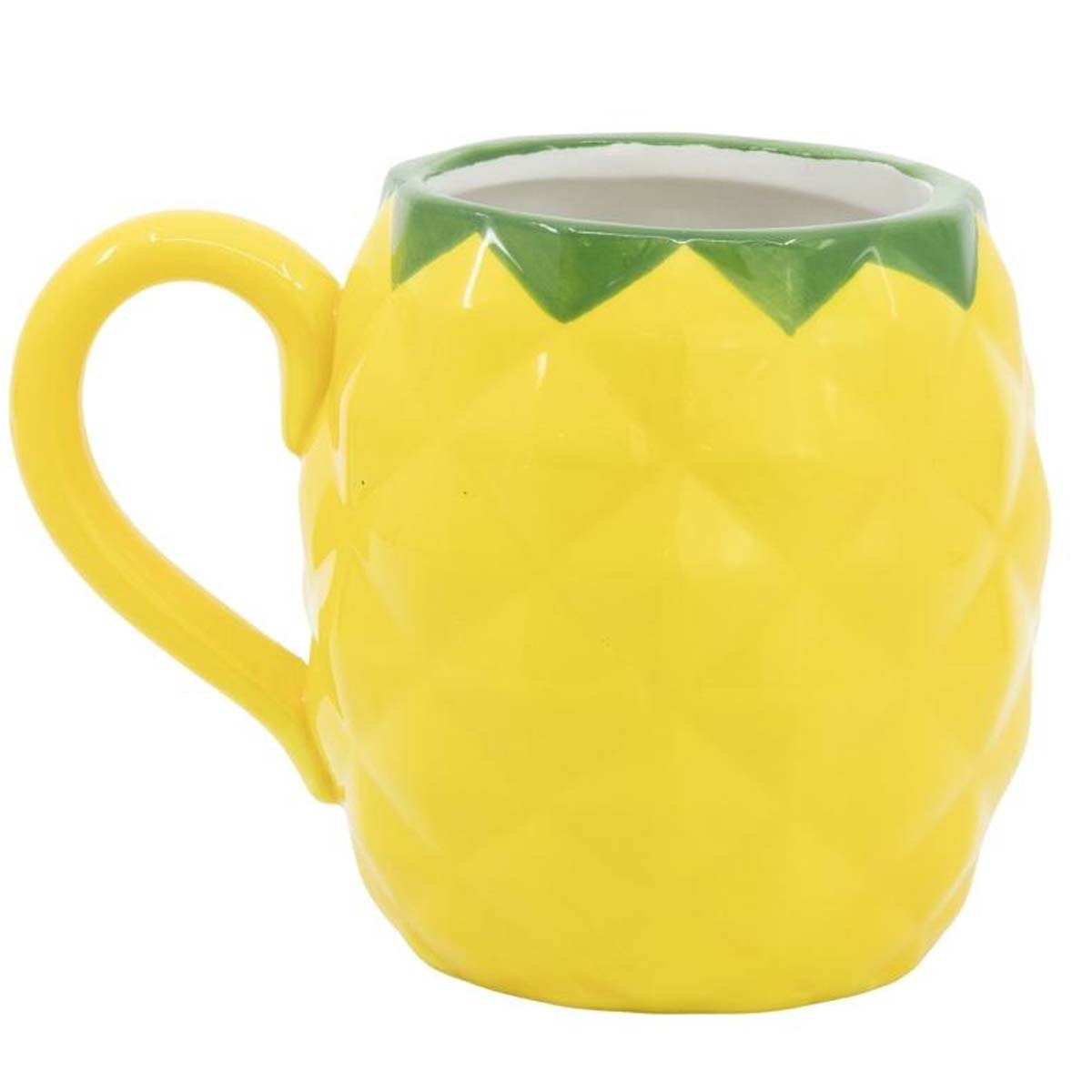 Eine gelbe, ananasförmige Tasse mit grünem Rand und Henkel. Der Innenraum ist weiß.