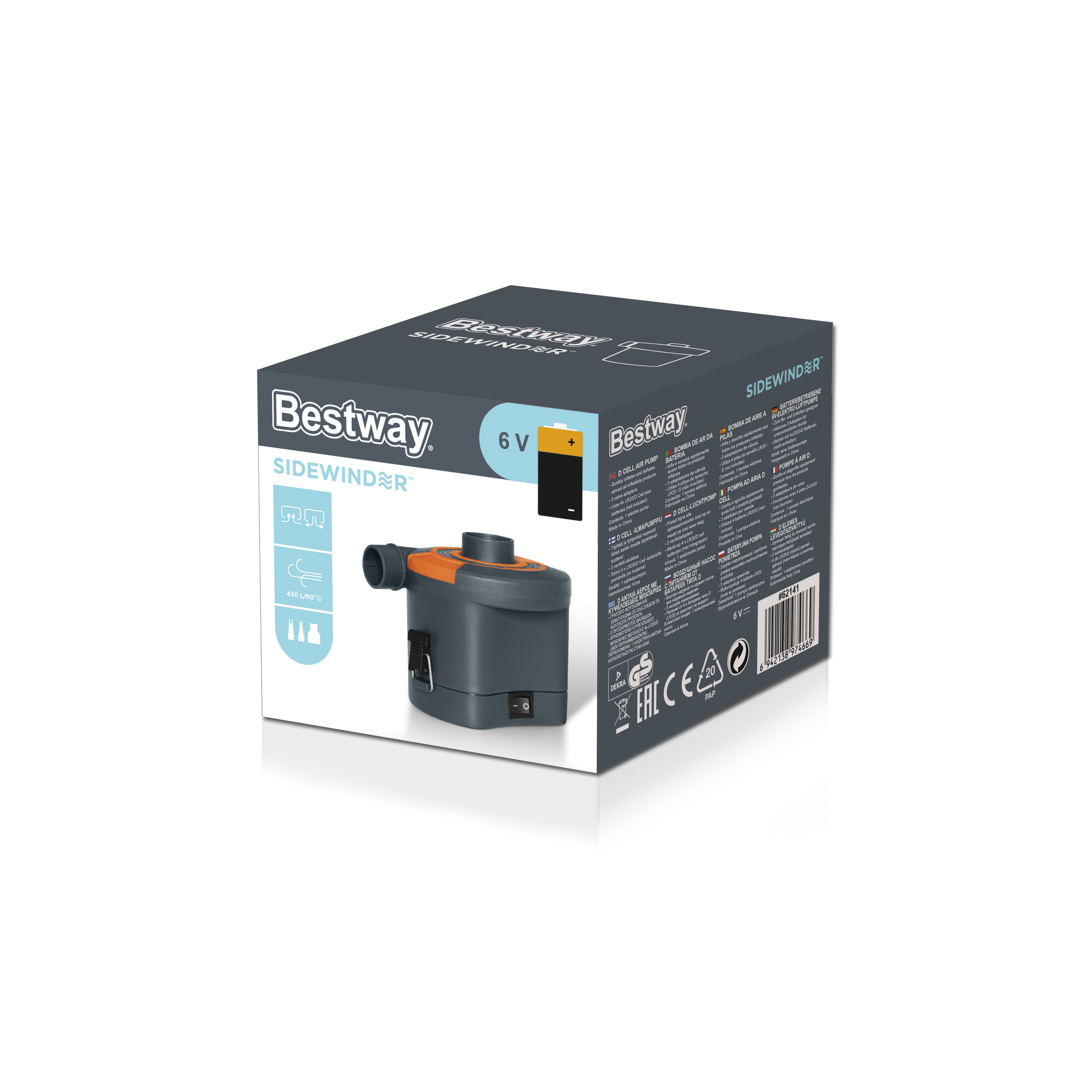 Bestway Sidewinder luchtpomp in doos, 6V, pomp en adapters zichtbaar.