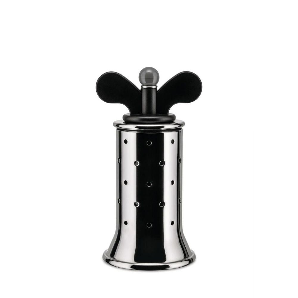 Un utensile da cucina in acciaio inossidabile con parte superiore e manico neri. Ha un corpo cilindrico con fori e una base rotonda.