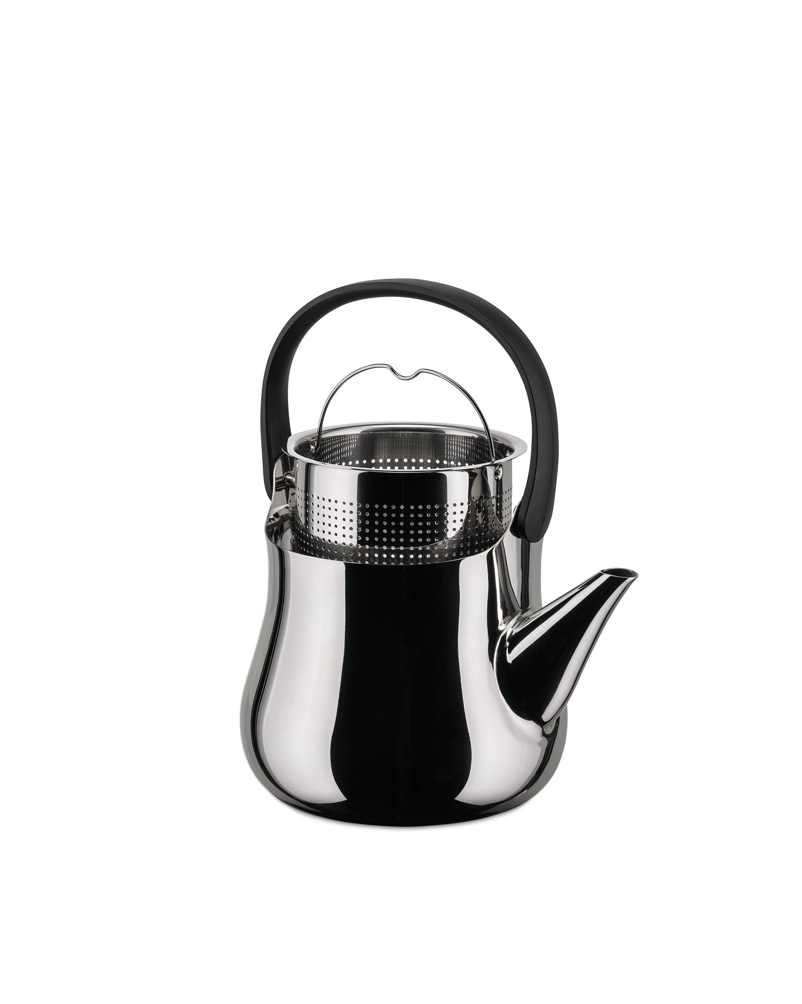 Una teiera in acciaio inossidabile con manico nero e infusore per tè incorporato, su sfondo bianco.
