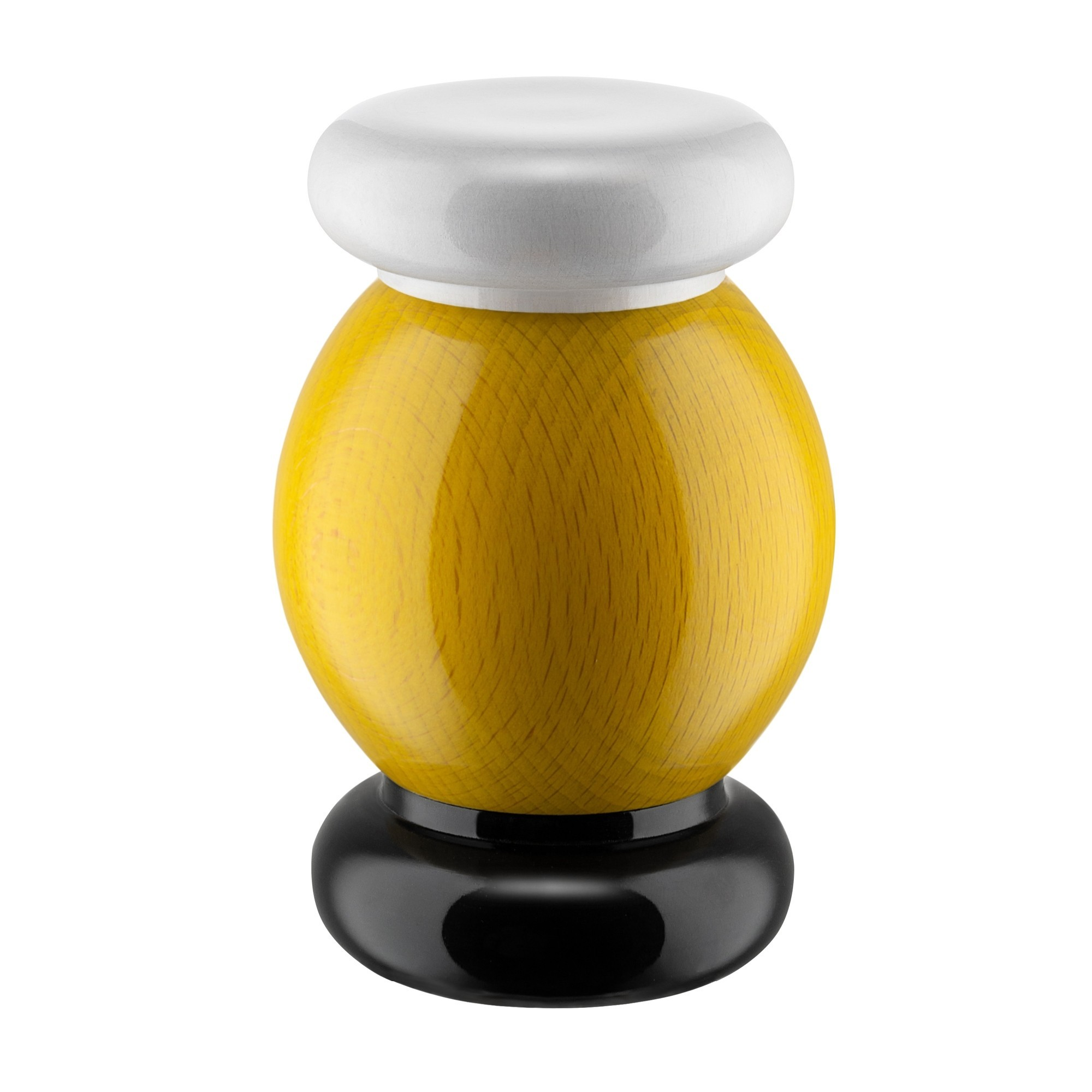 Un macinapepe in legno. Ha una parte superiore bianca, un corpo giallo e una base nera, tutto su sfondo bianco.